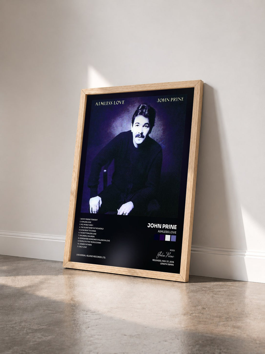#bois Tableau de l'album Aimless Love de John Prine vu de trois quarts, cadre en bois brut