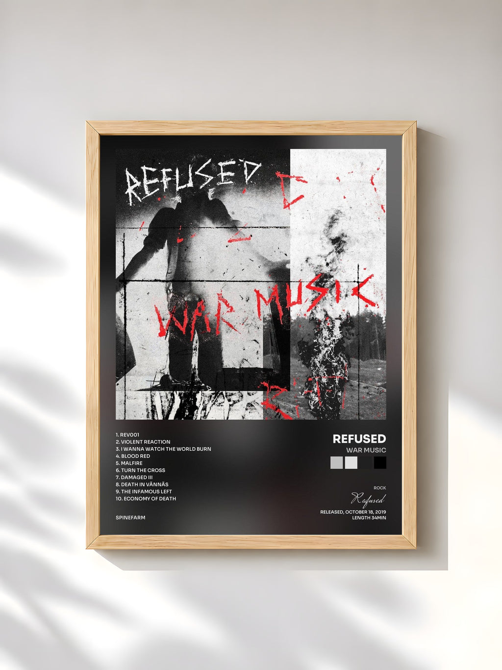 #bois Tableau de l'album War Music de Refused, cadre en bois brut, imprimé et encadré en France