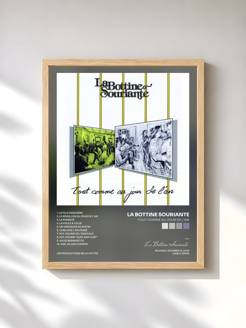 #bois Tableau de l'album Tout comme au jour de l'an de La Bottine Souriante, cadre en bois brut, imprimé et encadré en France