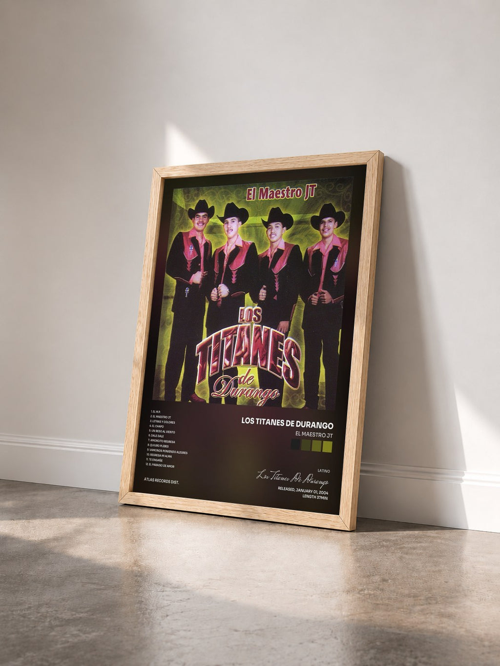 #bois Tableau de l'album El Maestro JT de Los Titanes De Durango vu de trois quarts, cadre en bois brut