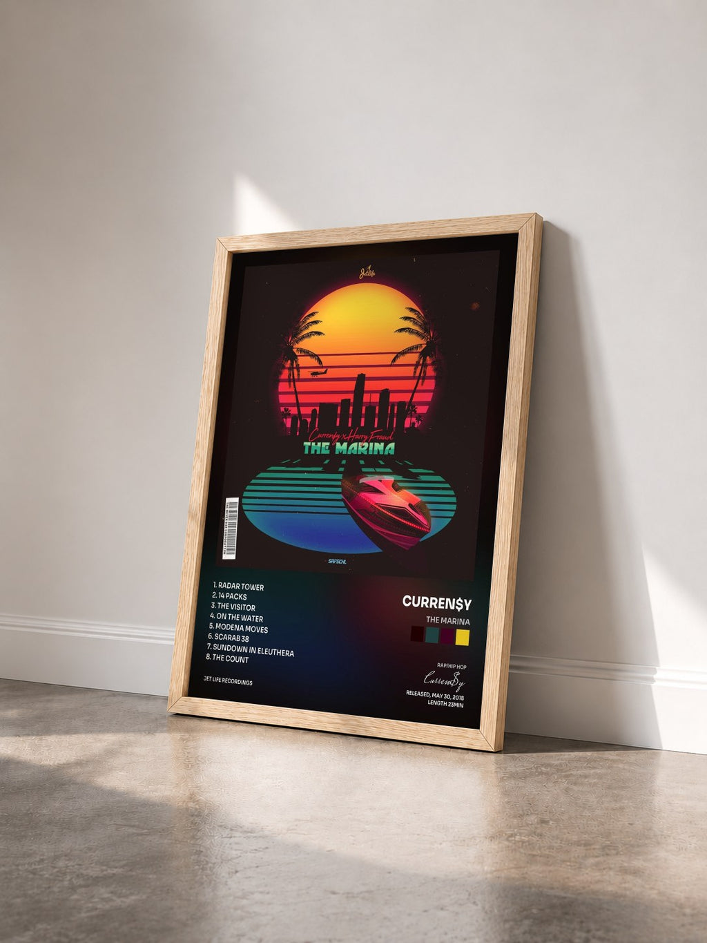 #bois Tableau de l'album The Marina de Curren$y vu de trois quarts, cadre en bois brut