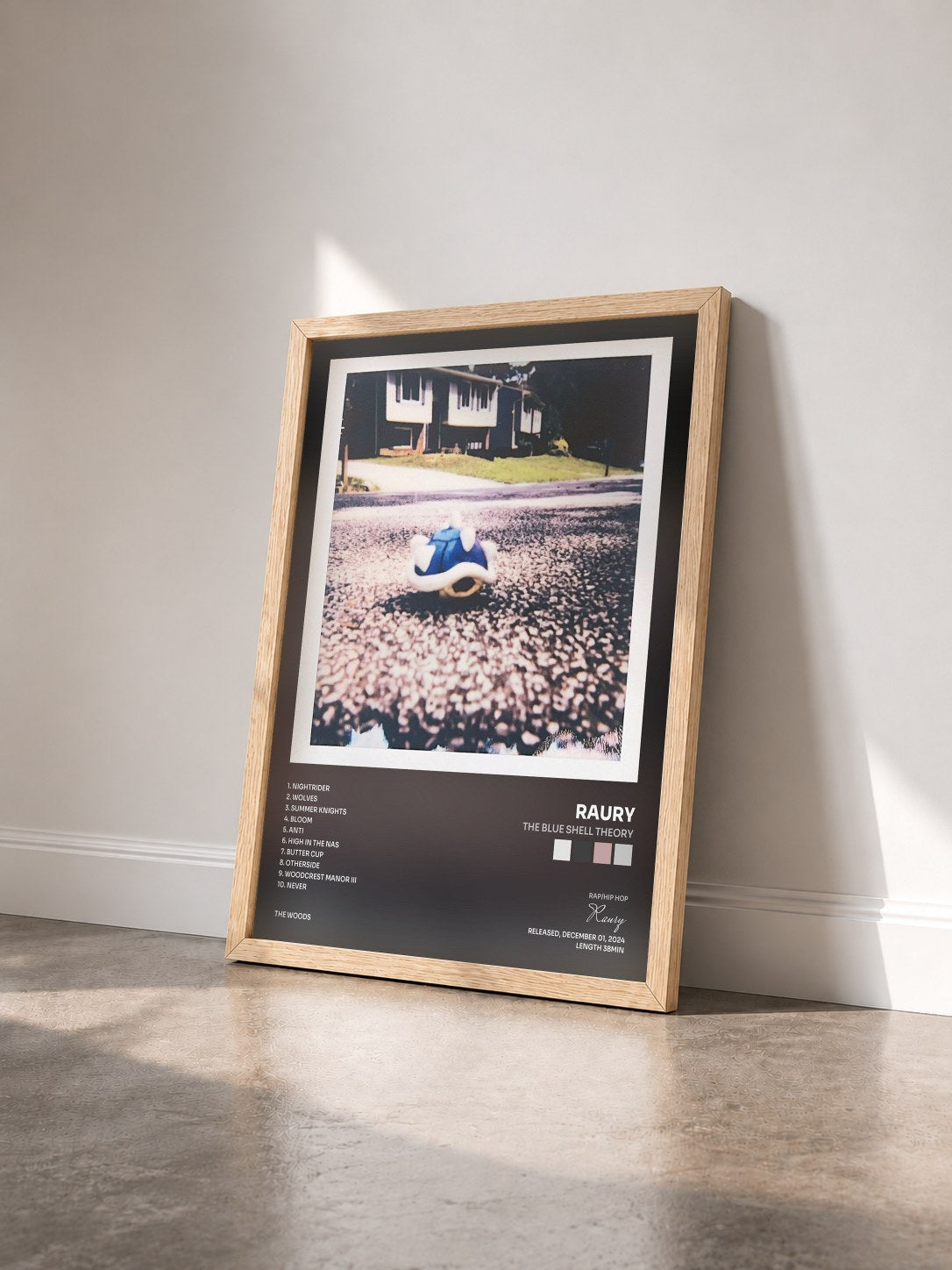 #bois Tableau de l'album The Blue Shell Theory de Raury vu de trois quarts, cadre en bois brut