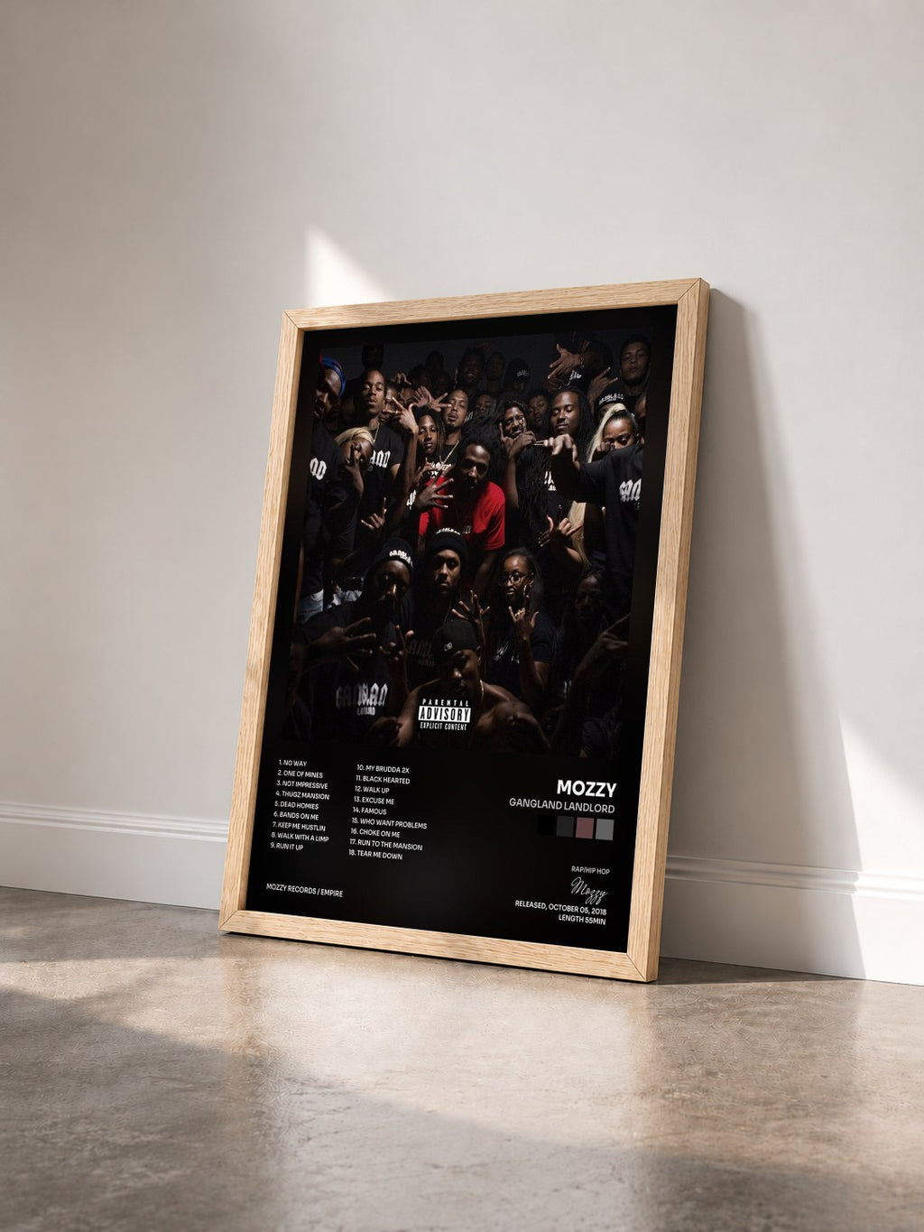 #bois Tableau de l'album Gangland Landlord de Mozzy vu de trois quarts, cadre en bois brut