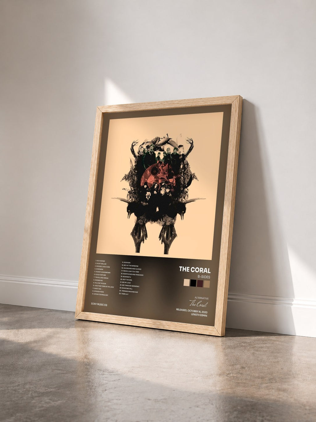 #bois Tableau de l'album B-Sides de The Coral vu de trois quarts, cadre en bois brut