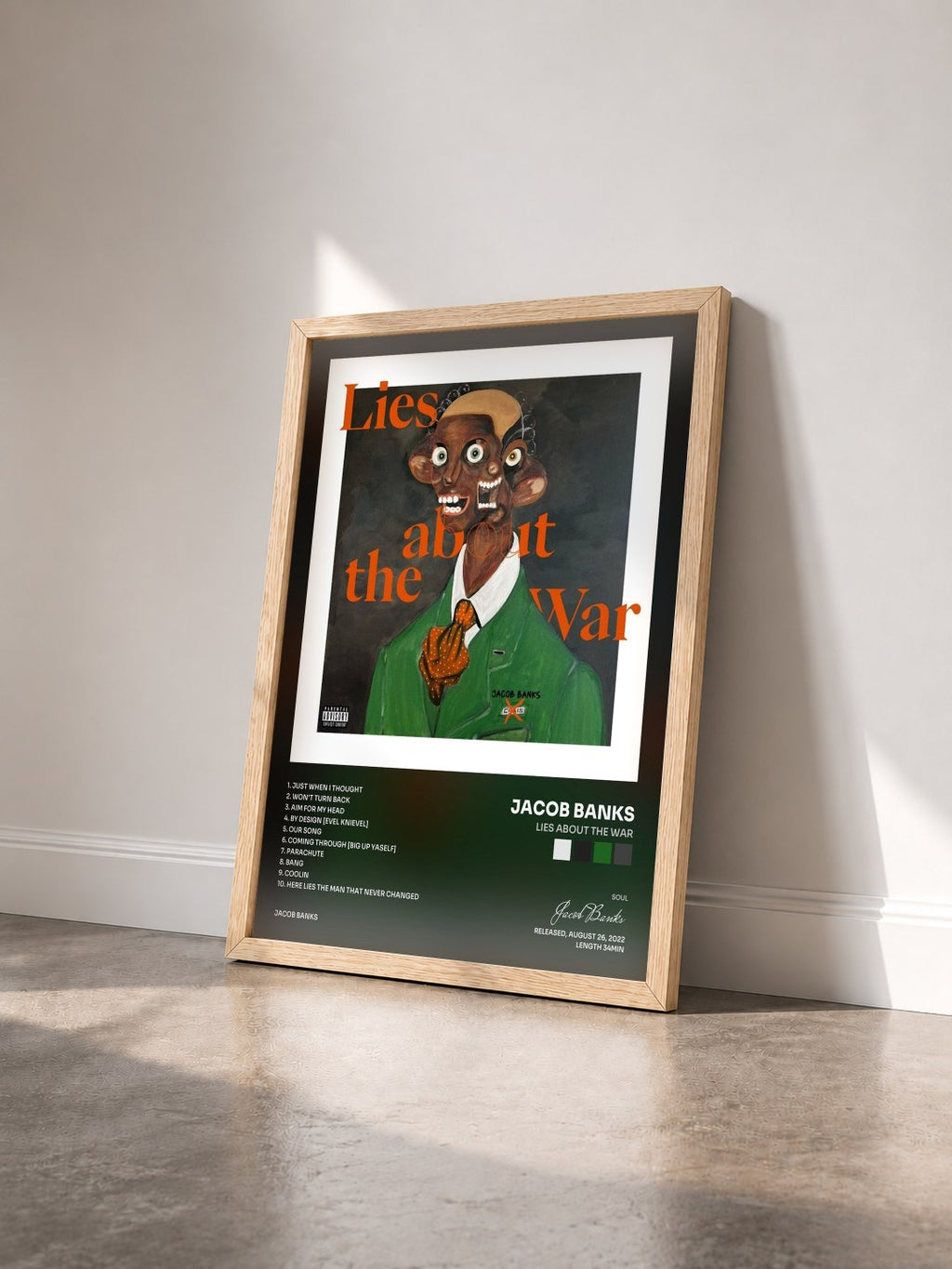 #bois Tableau de l'album Lies About The War de Jacob Banks vu de trois quarts, cadre en bois brut
