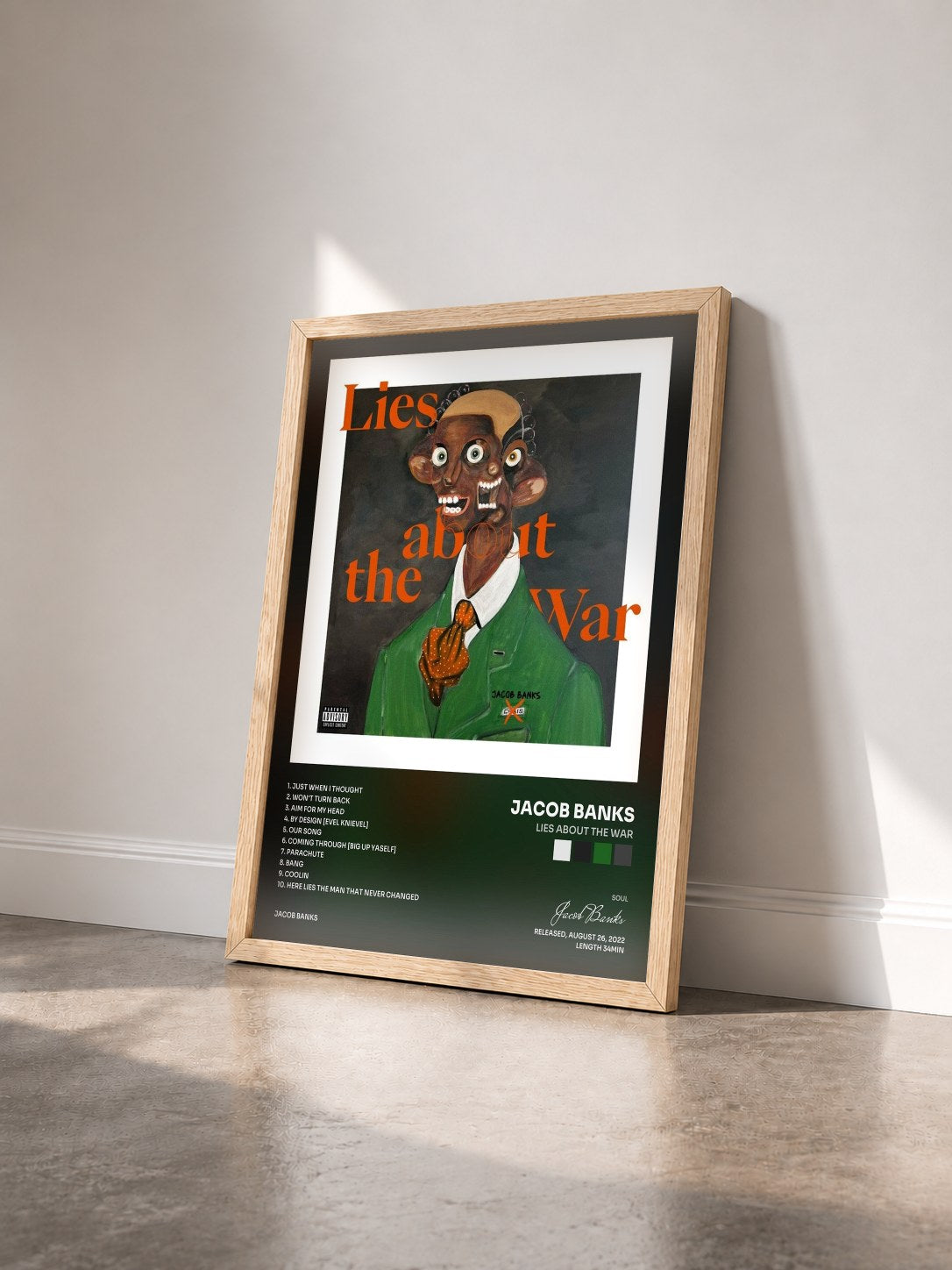 #bois Tableau de l'album Lies About The War de Jacob Banks vu de trois quarts, cadre en bois brut