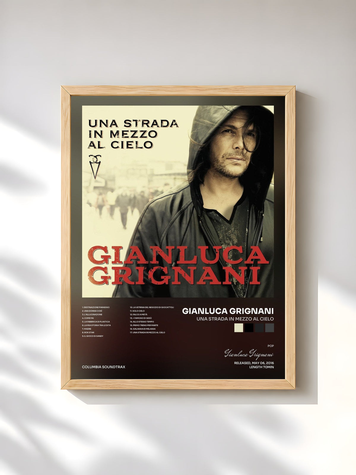 #bois Tableau de l'album Una strada in mezzo al cielo de Gianluca Grignani, cadre en bois brut, imprimé et encadré en France