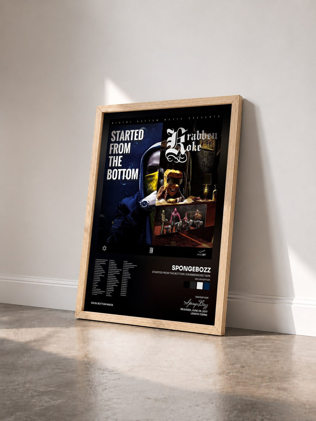 #bois Tableau de l'album Started from the Bottom / KrabbenKoke Tape (Deluxe Edition) de SpongeBozz vu de trois quarts, cadre en bois brut
