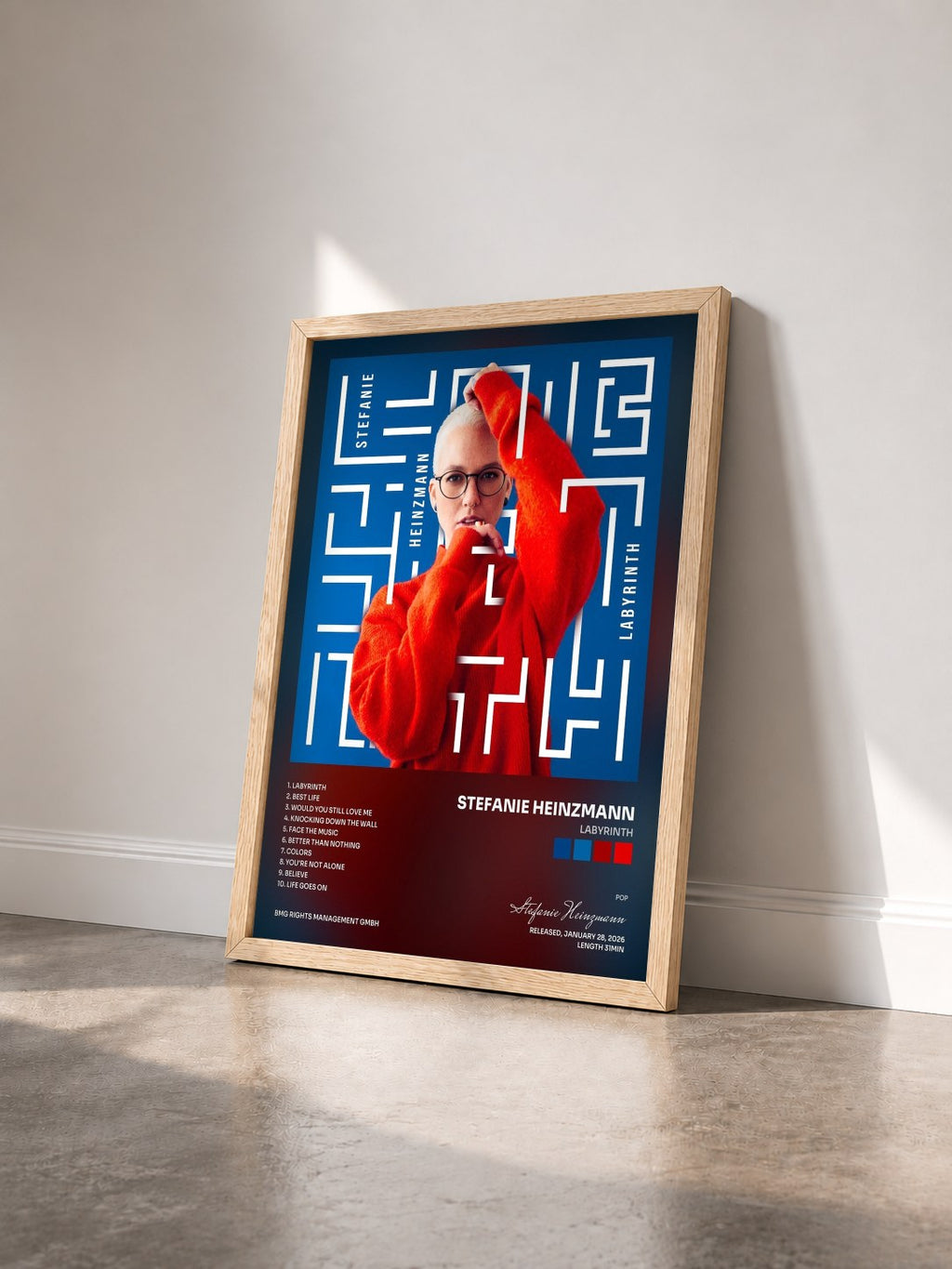 #bois Tableau de l'album Labyrinth de Stefanie Heinzmann vu de trois quarts, cadre en bois brut