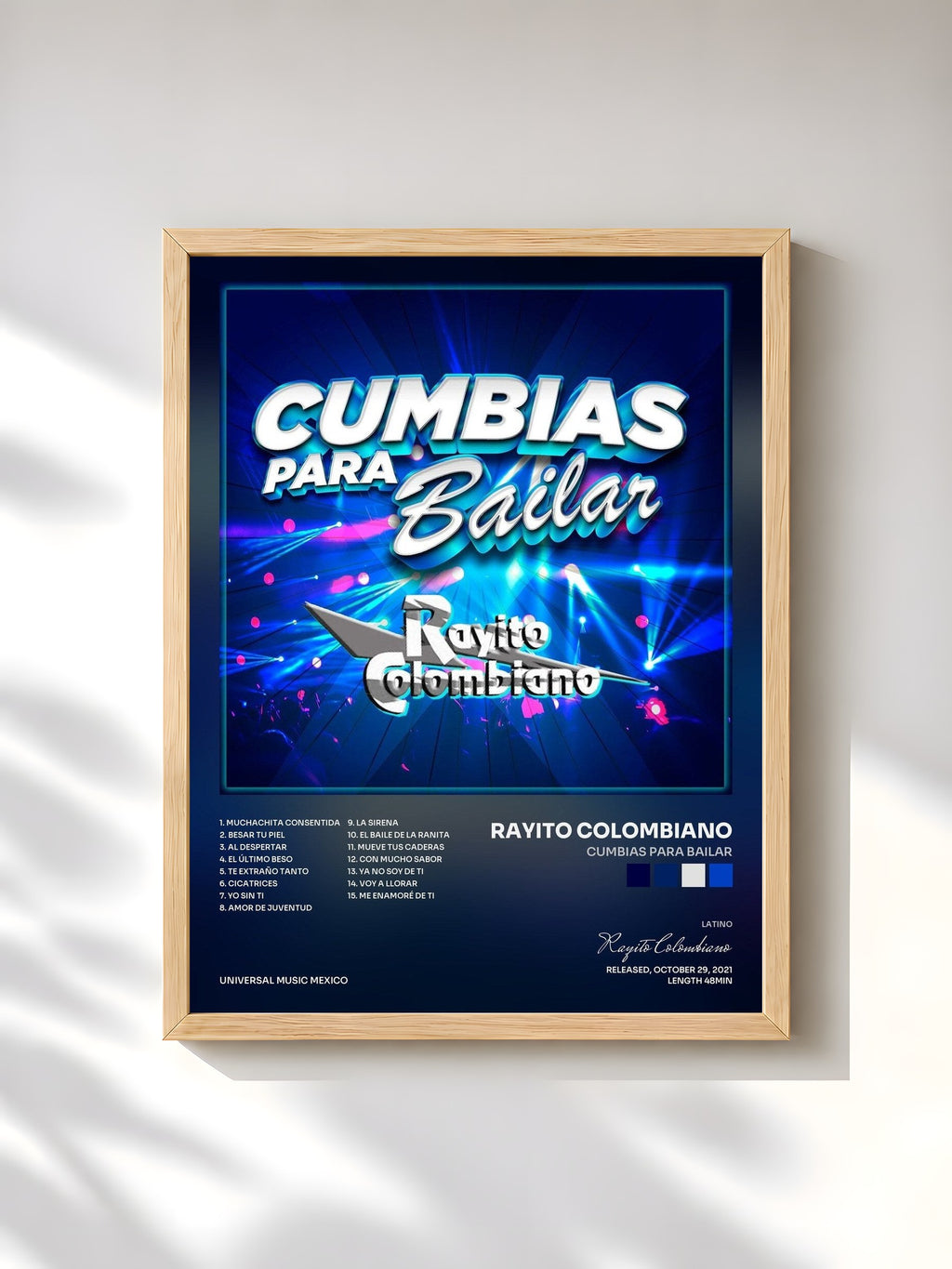 #bois Tableau de l'album Cumbias Para Bailar de Rayito Colombiano, cadre en bois brut, imprimé et encadré en France