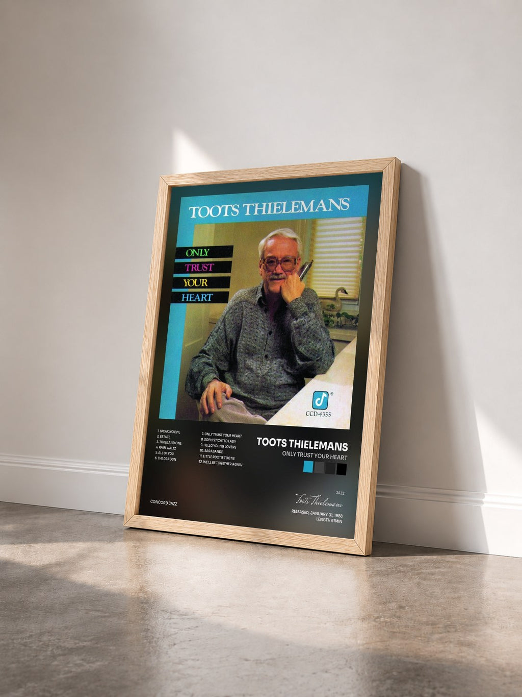 #bois Tableau de l'album Only Trust Your Heart de Toots Thielemans vu de trois quarts, cadre en bois brut