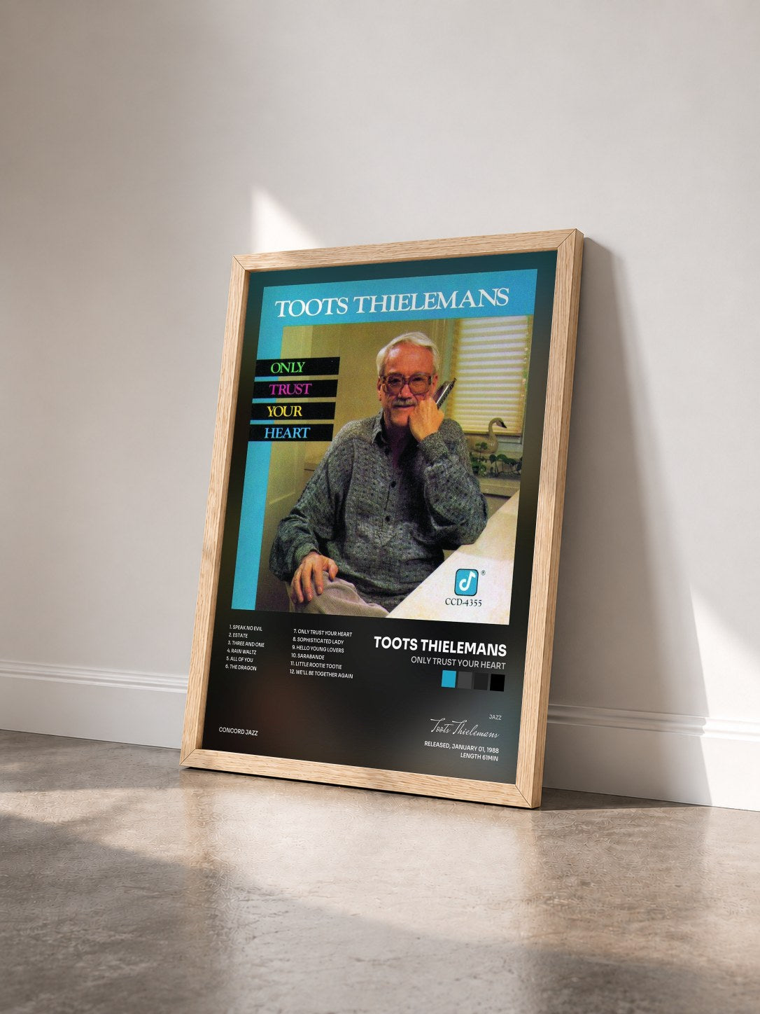 #bois Tableau de l'album Only Trust Your Heart de Toots Thielemans vu de trois quarts, cadre en bois brut