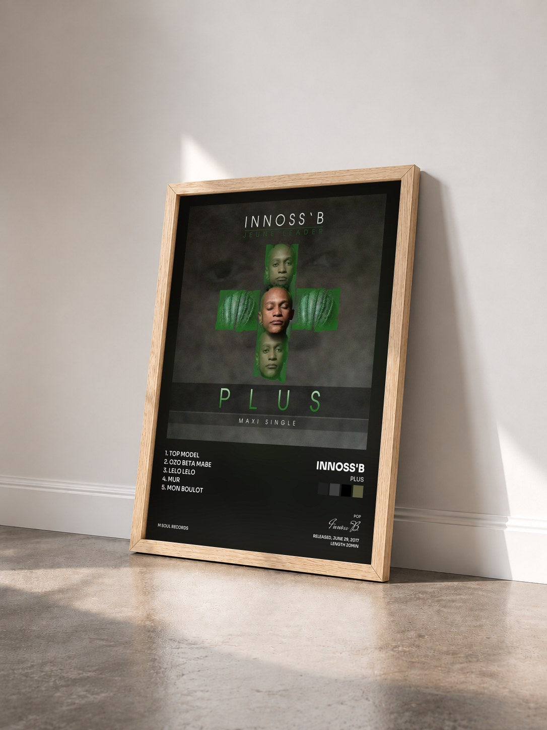 #bois Tableau de l'album Plus de Innoss'B vu de trois quarts, cadre en bois brut