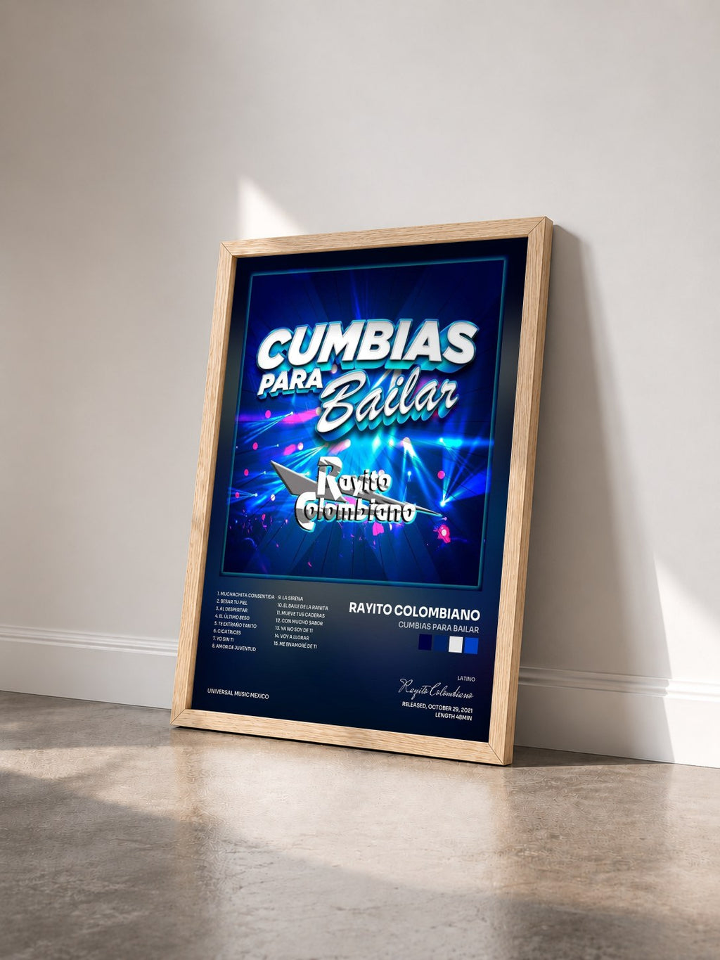 #bois Tableau de l'album Cumbias Para Bailar de Rayito Colombiano vu de trois quarts, cadre en bois brut