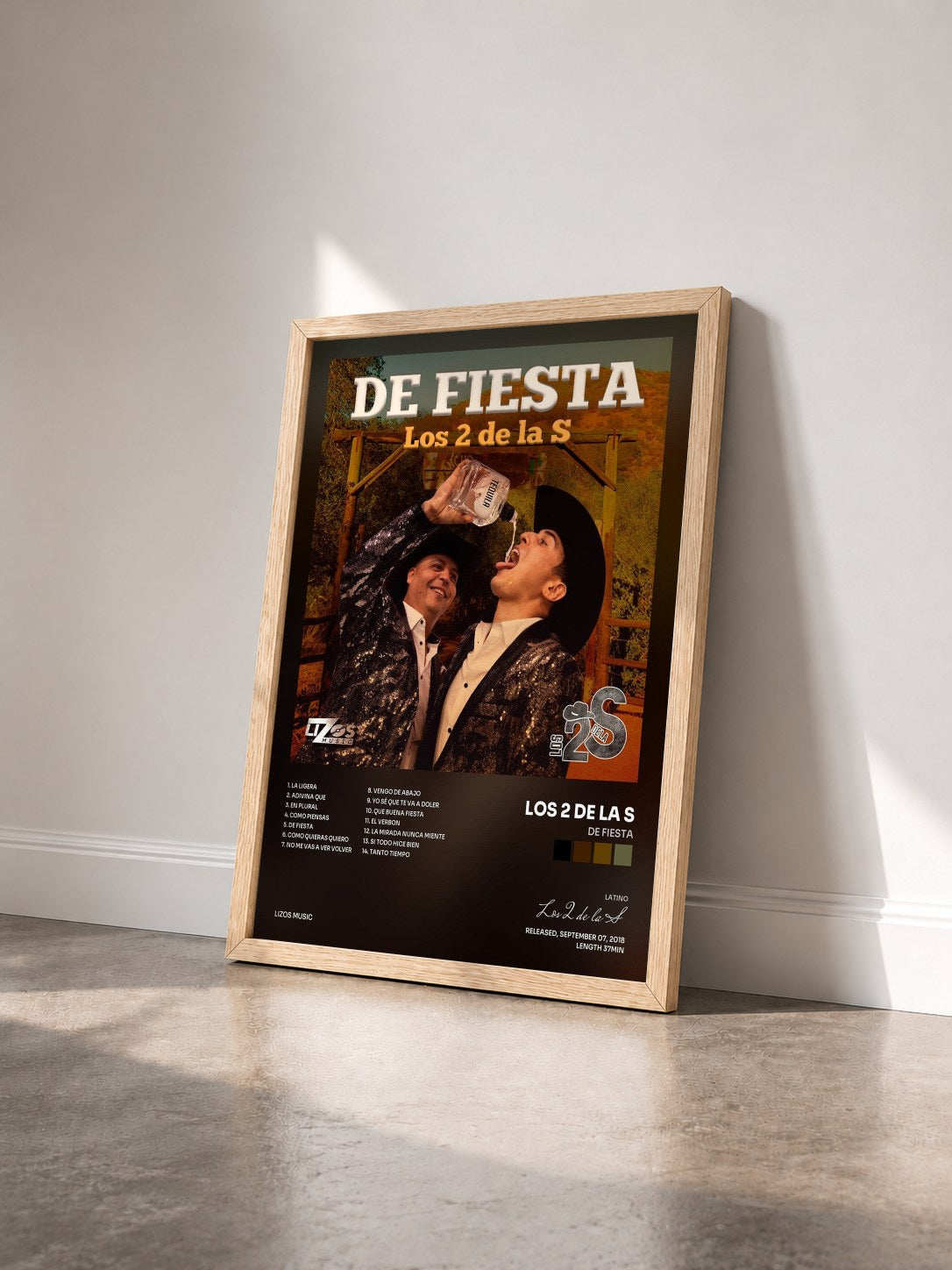 #bois Tableau de l'album De Fiesta de Los 2 de la S vu de trois quarts, cadre en bois brut