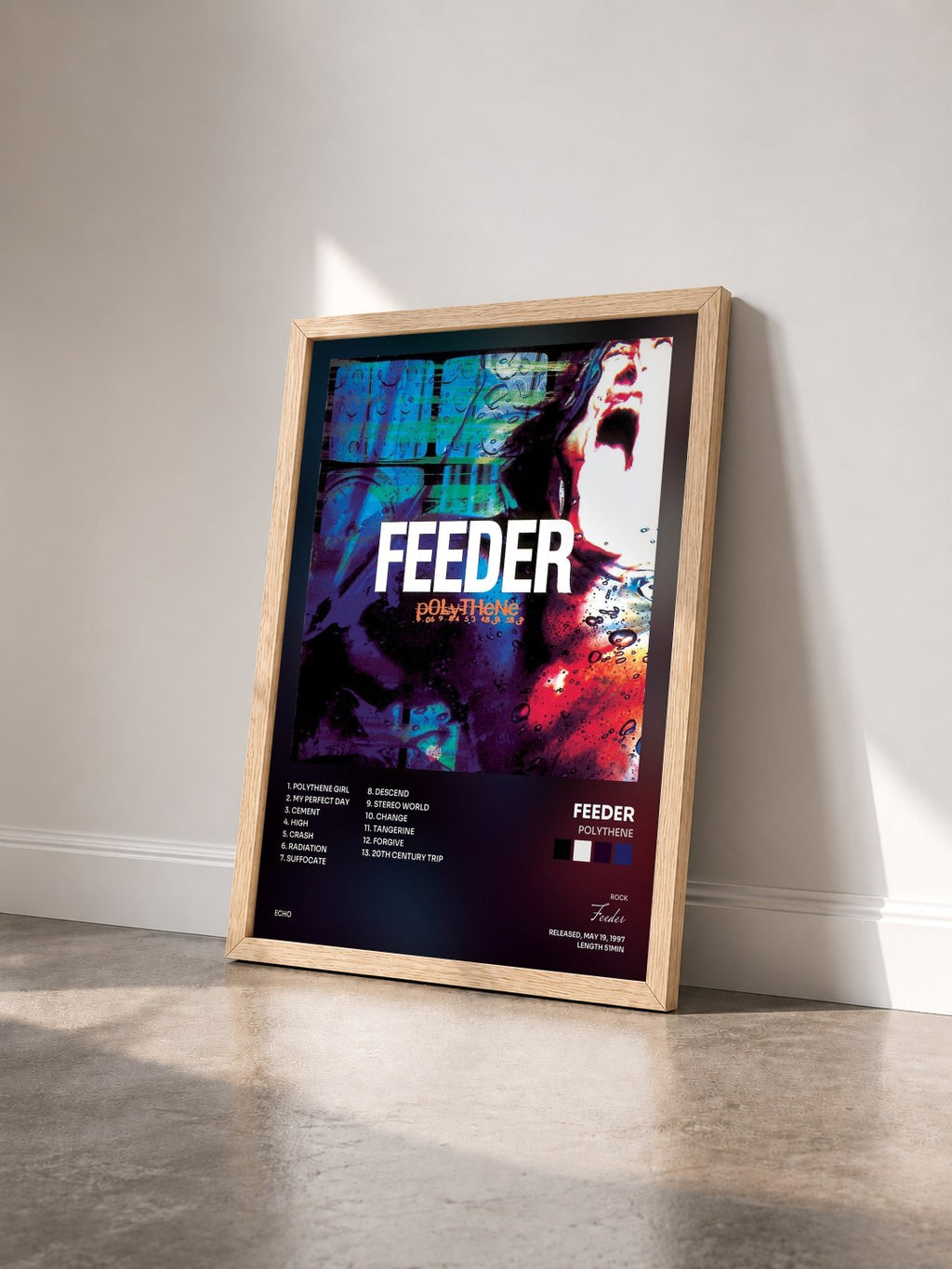 #bois Tableau de l'album Polythene de Feeder vu de trois quarts, cadre en bois brut
