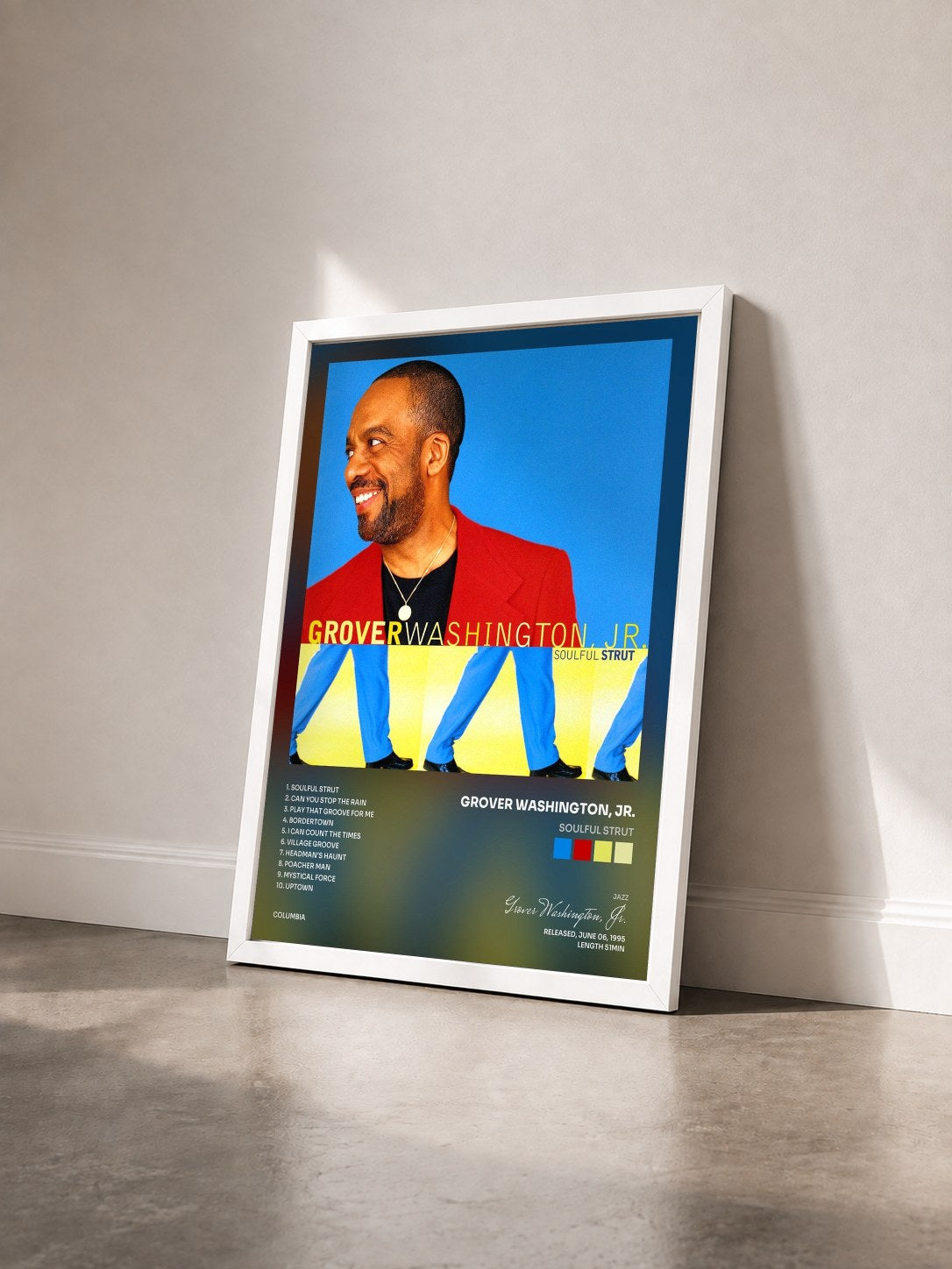 #blanc Tableau de l'album Soulful Strut de Grover Washington, Jr. vu de trois quarts, cadre blanc