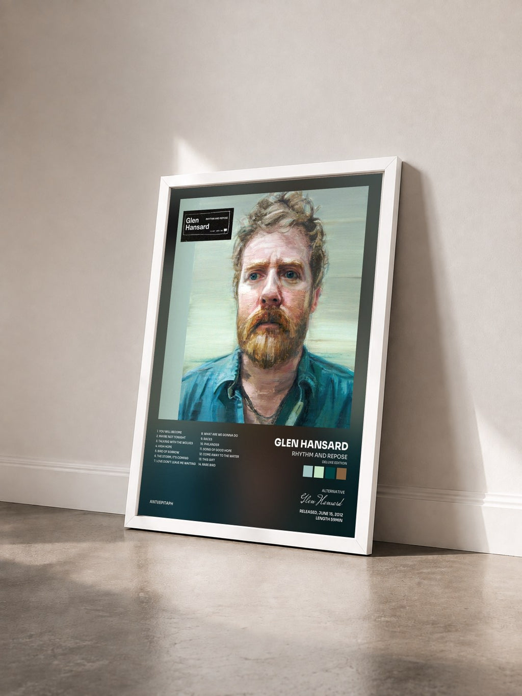 #blanc Tableau de l'album Rhythm And Repose (Deluxe Edition) de Glen Hansard vu de trois quarts, cadre blanc