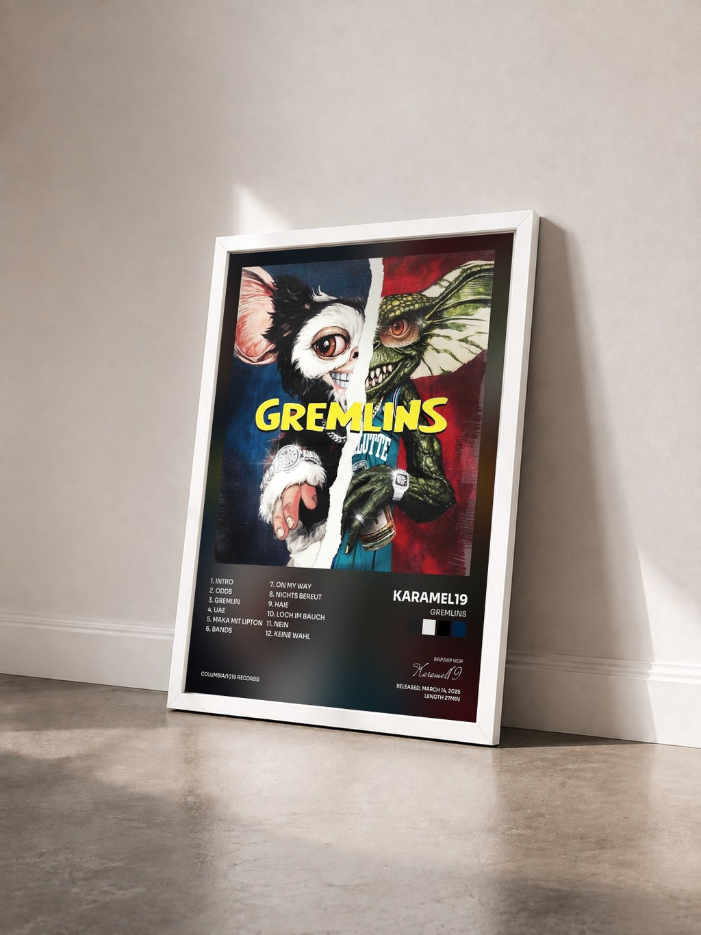 #blanc Tableau de l'album Gremlins de Karamel19 vu de trois quarts, cadre blanc