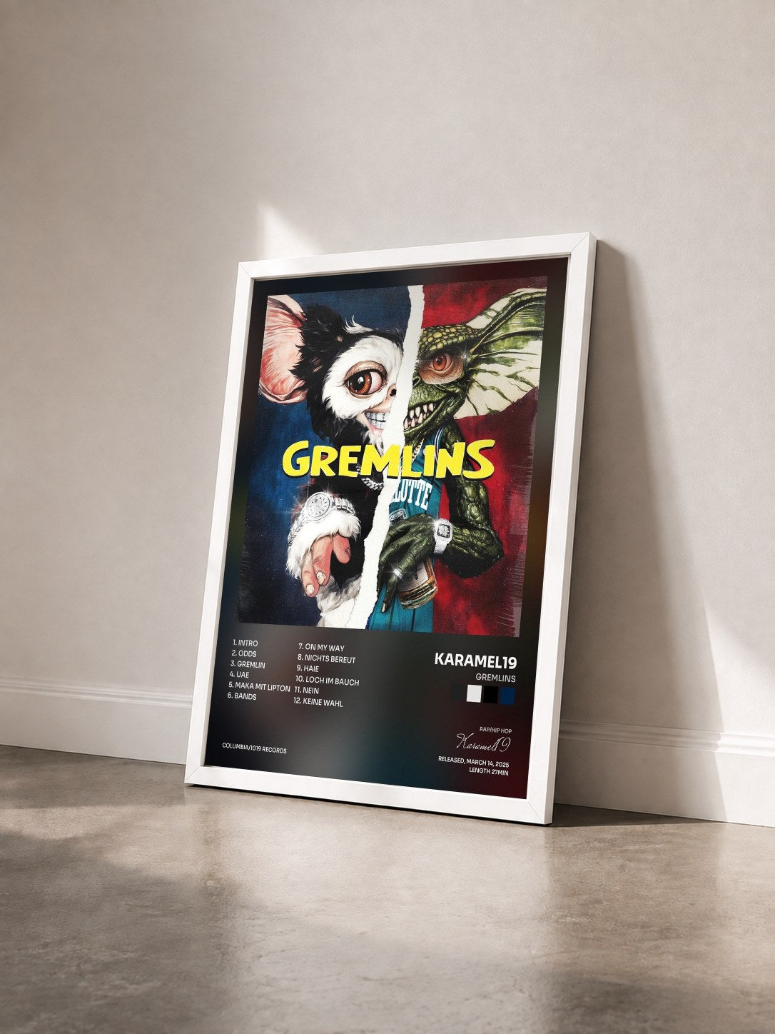 #blanc Tableau de l'album Gremlins de Karamel19 vu de trois quarts, cadre blanc
