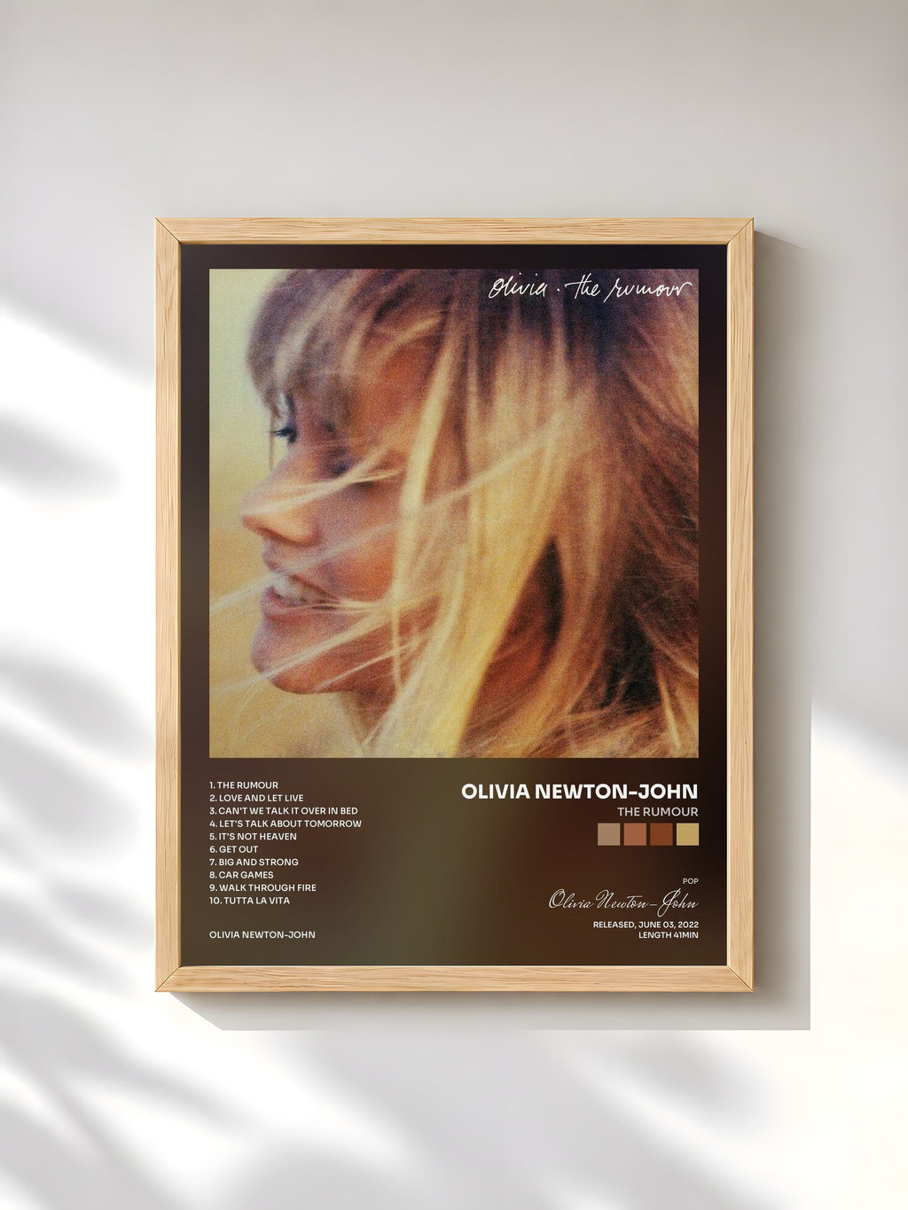 #bois Tableau de l'album The Rumour de Olivia Newton-John, cadre en bois brut, imprimé et encadré en France