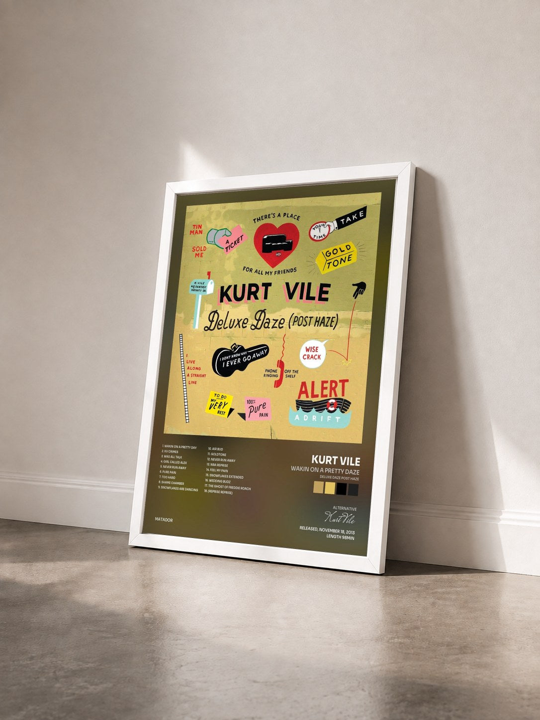 #blanc Tableau de l'album Wakin On A Pretty Daze (Deluxe Daze Post Haze) de Kurt Vile vu de trois quarts, cadre blanc