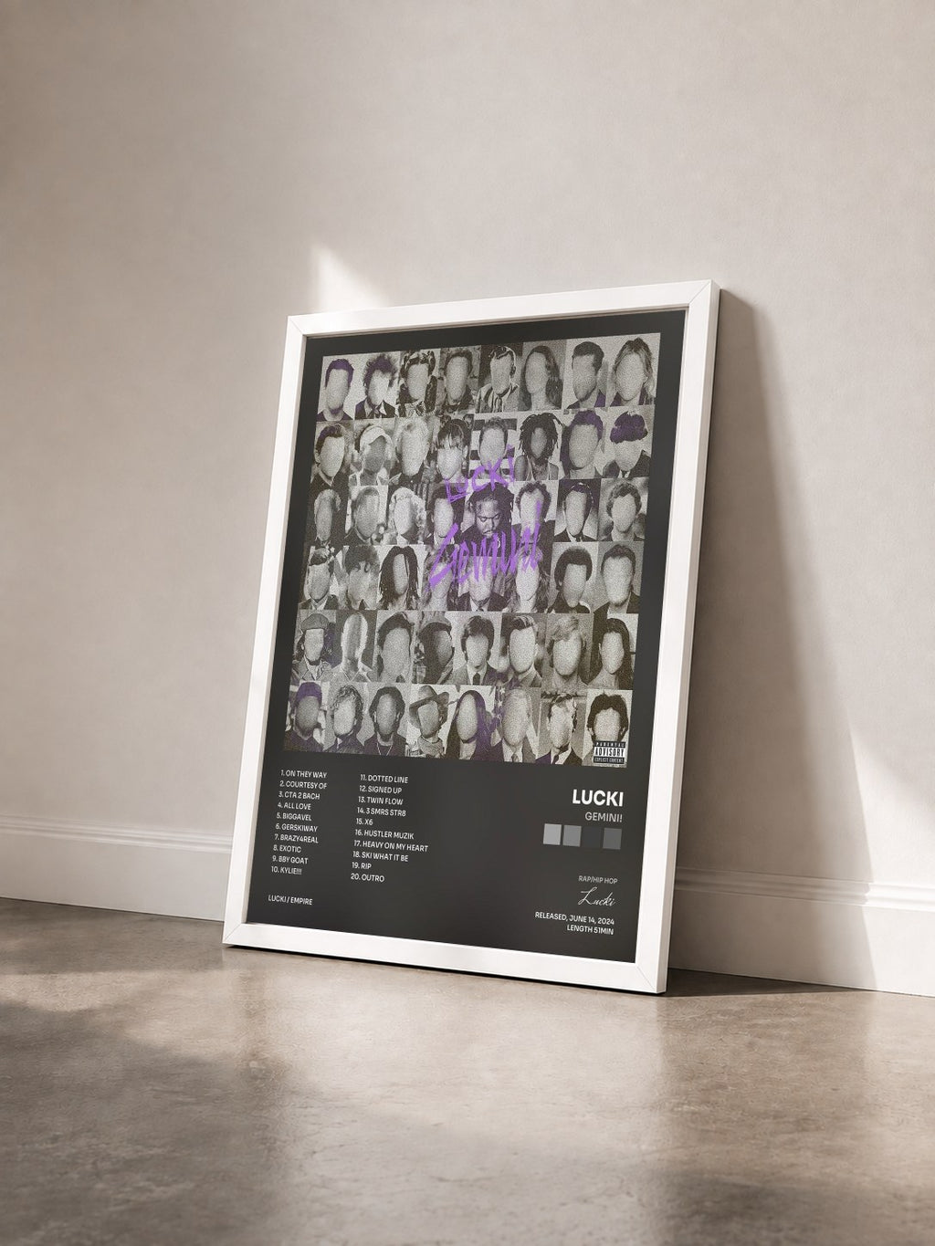 #blanc Tableau de l'album GEMINI! de Lucki vu de trois quarts, cadre blanc