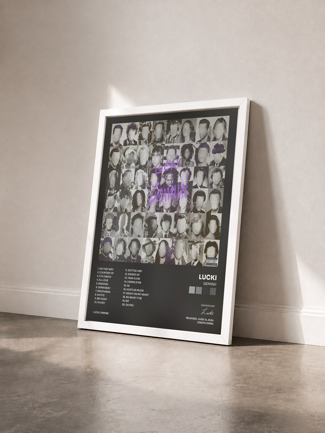 #blanc Tableau de l'album GEMINI! de Lucki vu de trois quarts, cadre blanc