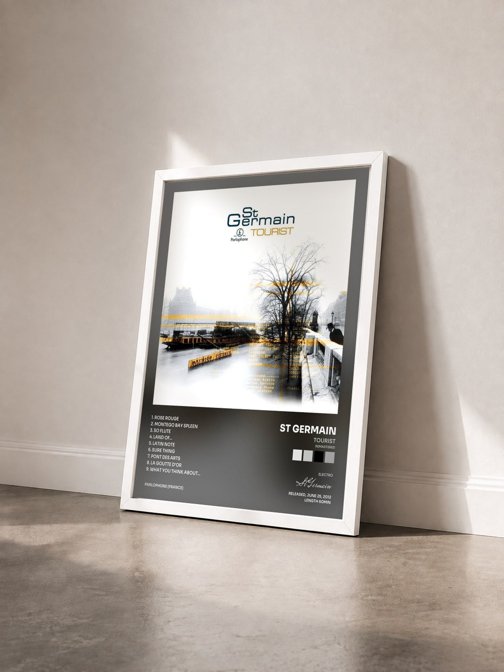 #blanc Tableau de l'album Tourist (Remastered) de St Germain vu de trois quarts, cadre blanc