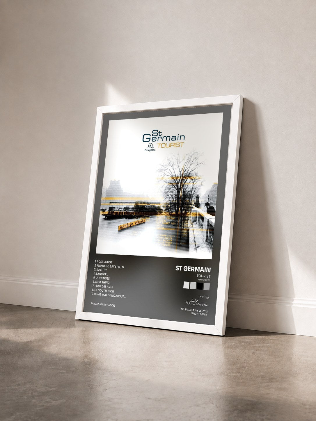 #blanc Tableau de l'album Tourist (Remastered) de St Germain vu de trois quarts, cadre blanc