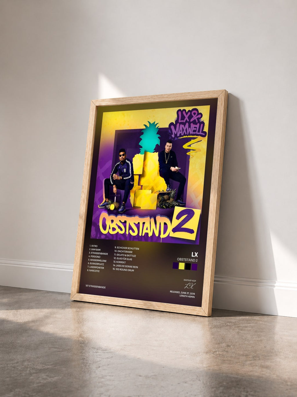#bois Tableau de l'album Obststand 2 de LX vu de trois quarts, cadre en bois brut