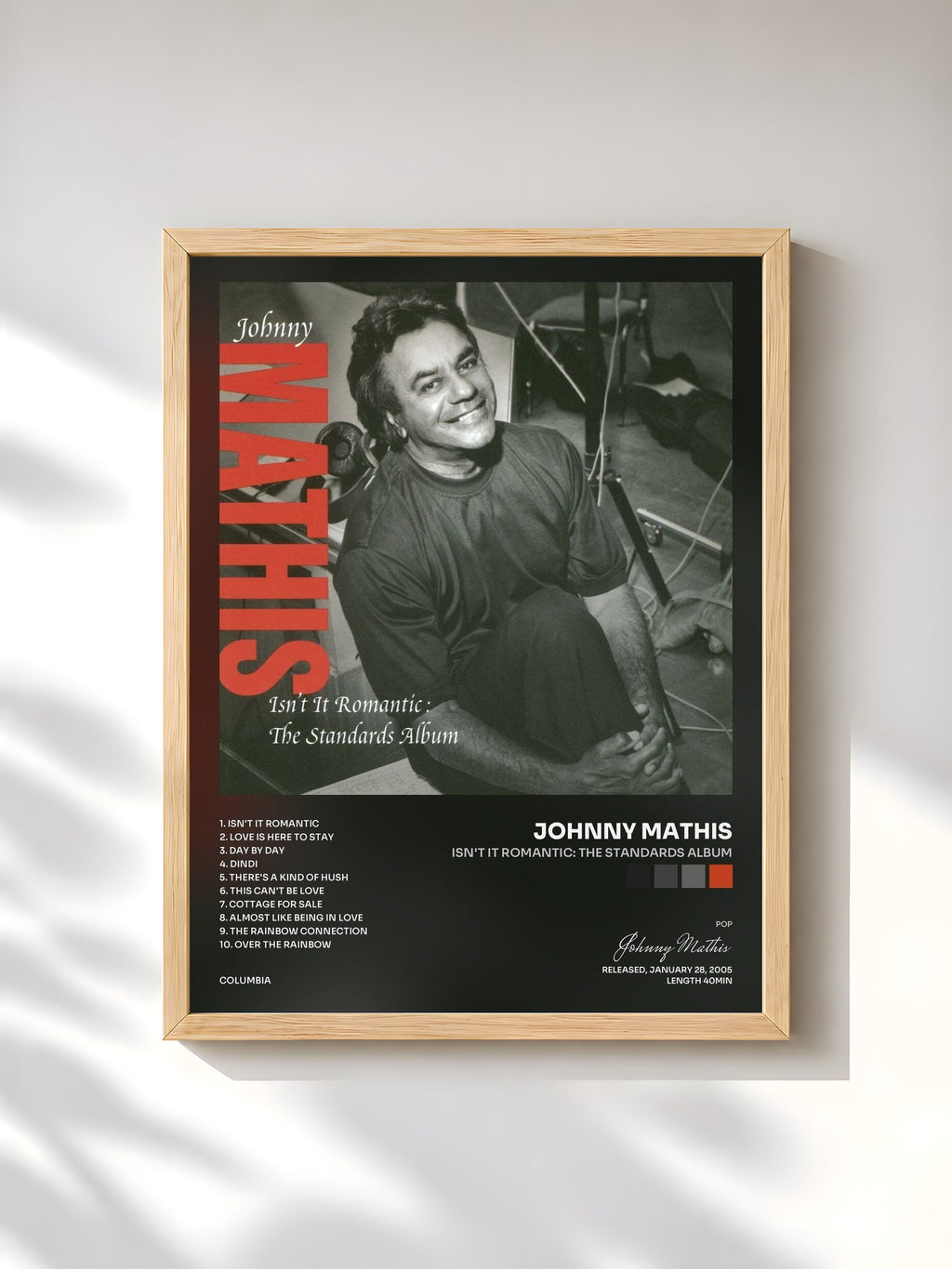 #bois Tableau de l'album Isn't it Romantic: The Standards Album de Johnny Mathis, cadre en bois brut, imprimé et encadré en France