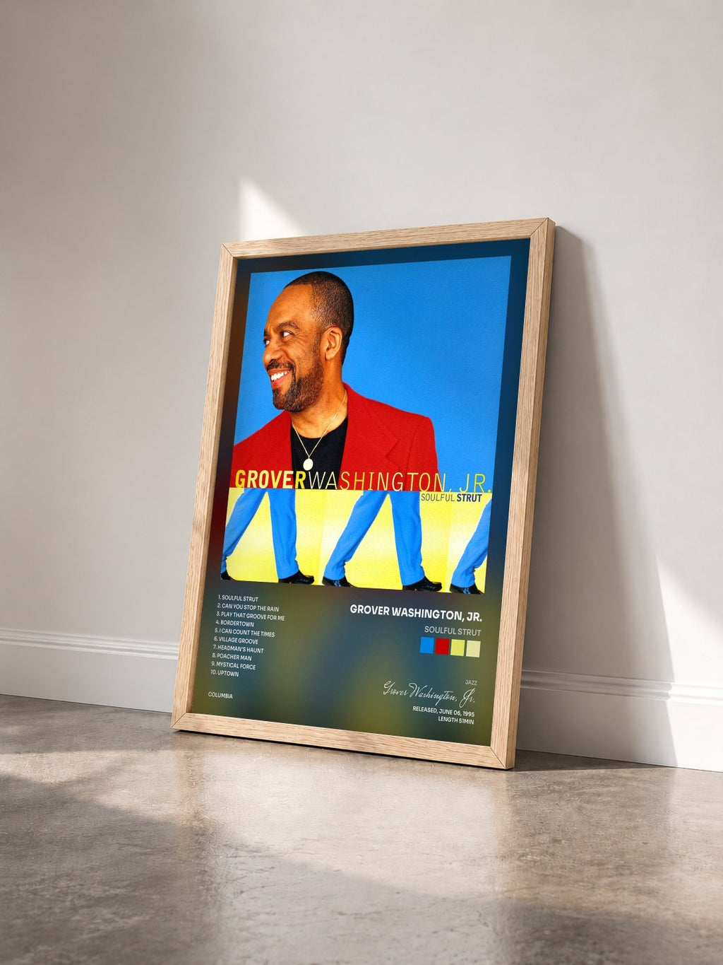 #bois Tableau de l'album Soulful Strut de Grover Washington, Jr. vu de trois quarts, cadre en bois brut