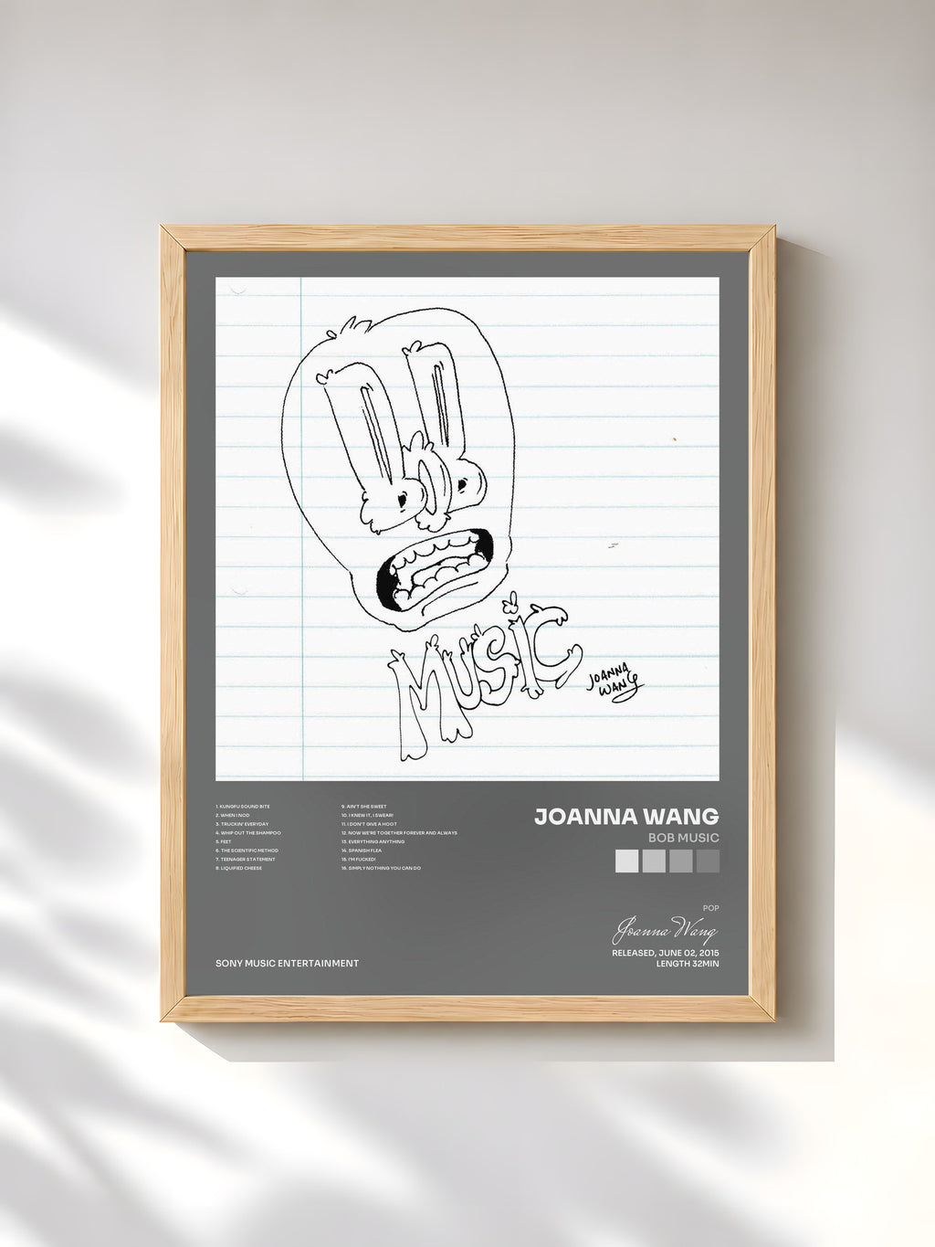 #bois Tableau de l'album Bob Music de Joanna Wang, cadre en bois brut, imprimé et encadré en France