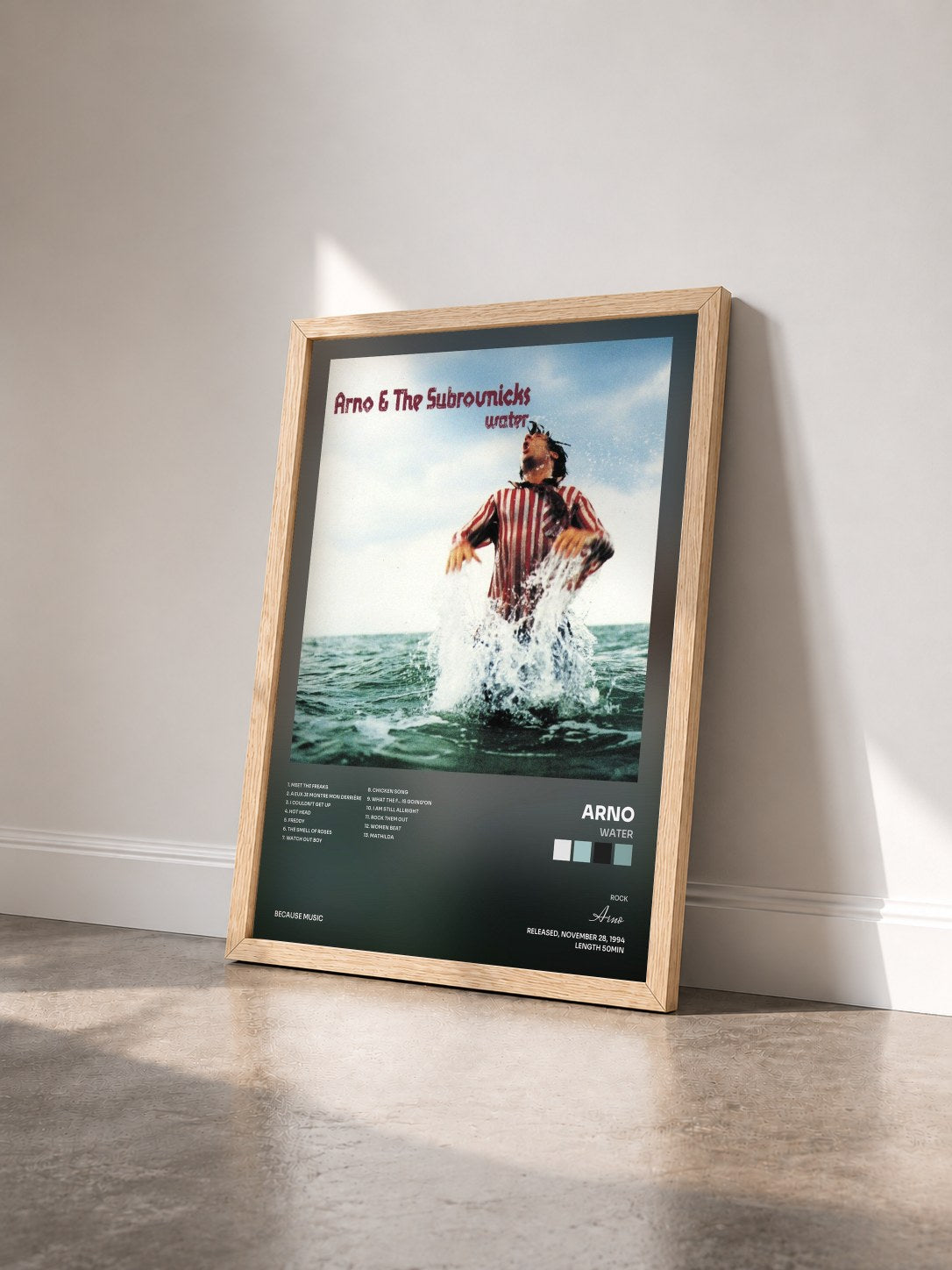 #bois Tableau de l'album Water de Arno vu de trois quarts, cadre en bois brut