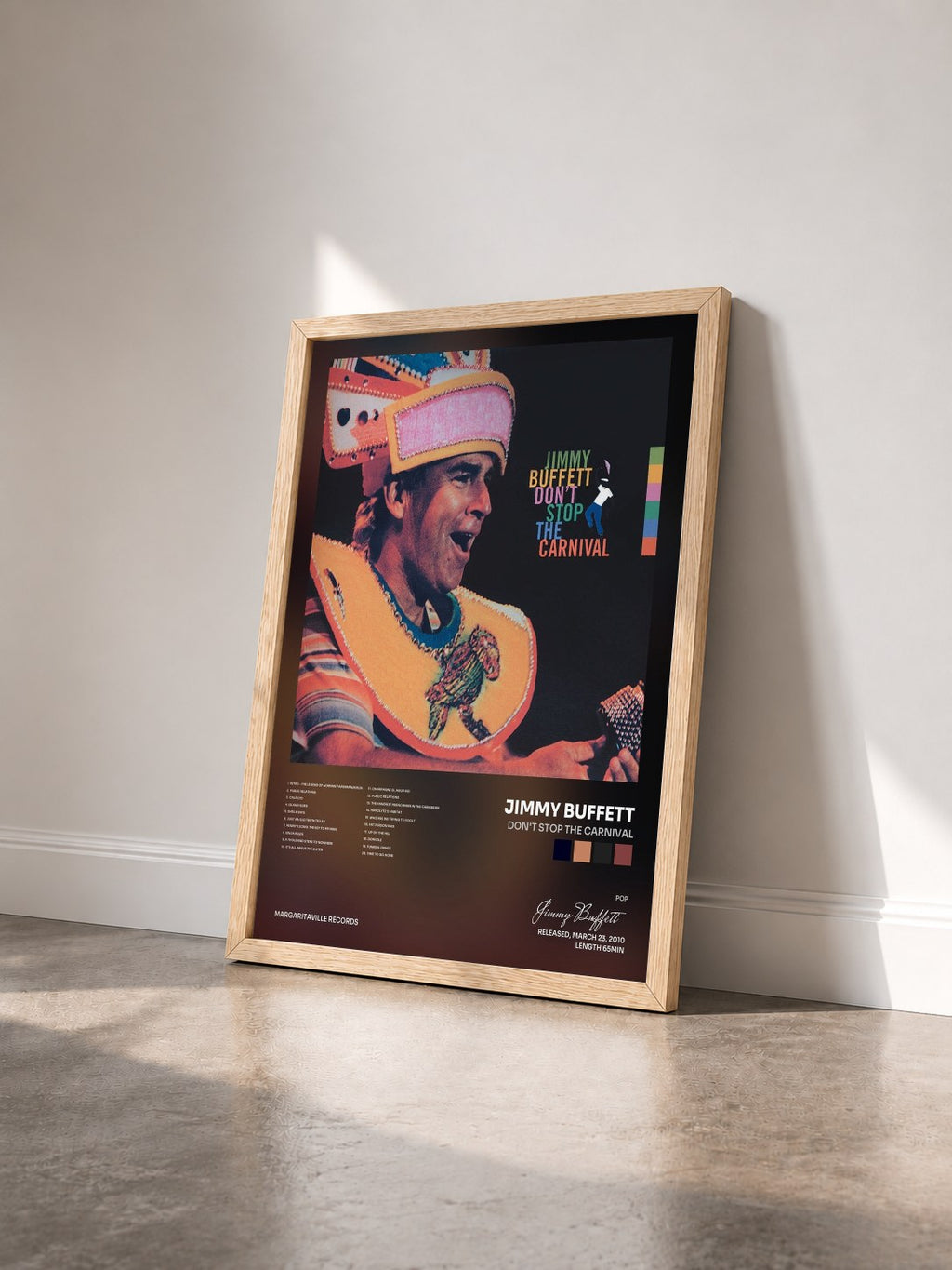 #bois Tableau de l'album Don't Stop The Carnival de Jimmy Buffett vu de trois quarts, cadre en bois brut