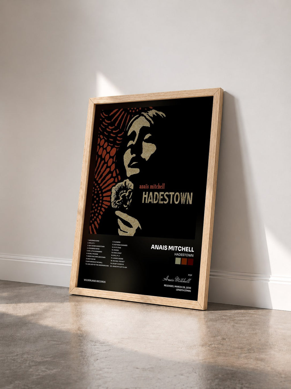 #bois Tableau de l'album Hadestown de Anais Mitchell vu de trois quarts, cadre en bois brut