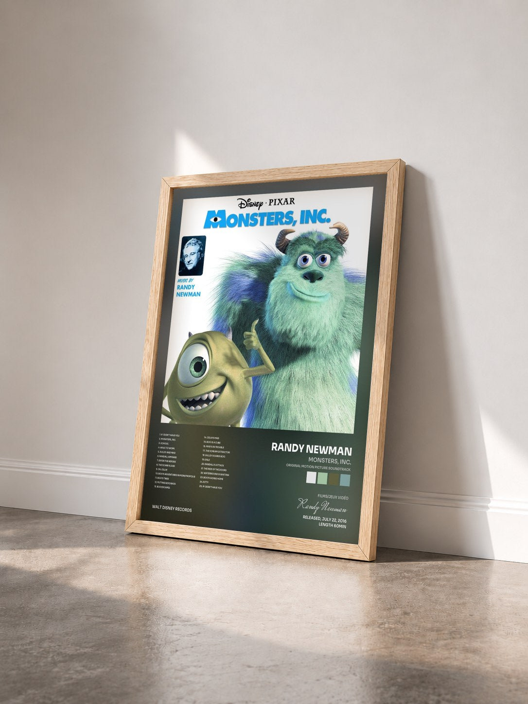 #bois Tableau de l'album Monsters, Inc. (Original Motion Picture Soundtrack) de Randy Newman vu de trois quarts, cadre en bois brut