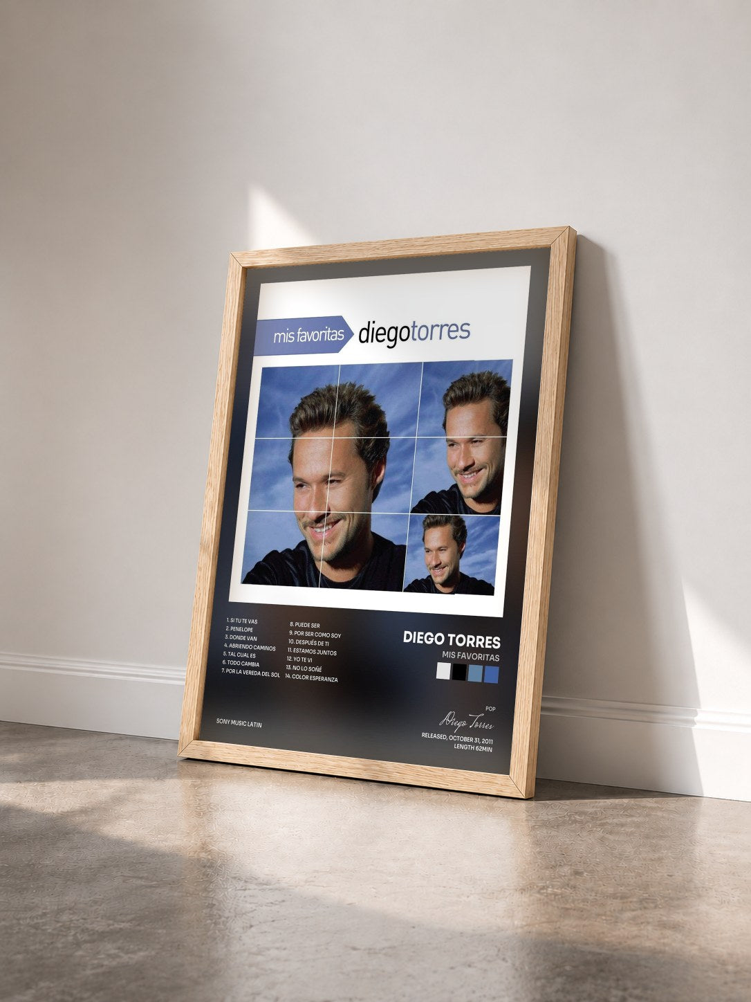 #bois Tableau de l'album Mis Favoritas de Diego Torres vu de trois quarts, cadre en bois brut