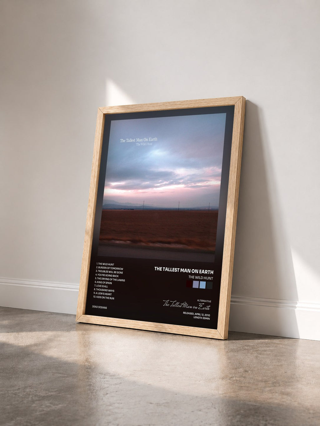 #bois Tableau de l'album The Wild Hunt de The Tallest Man on Earth vu de trois quarts, cadre en bois brut