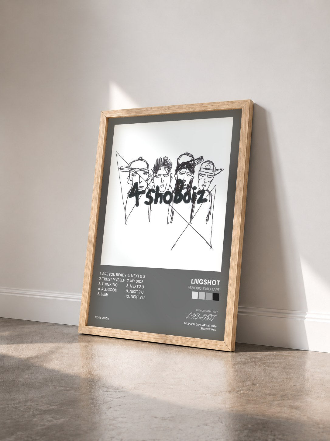 #bois Tableau de l'album 4SHOBOIZ MIXTAPE de LNGSHOT vu de trois quarts, cadre en bois brut