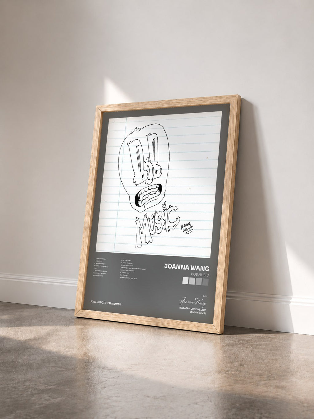 #bois Tableau de l'album Bob Music de Joanna Wang vu de trois quarts, cadre en bois brut