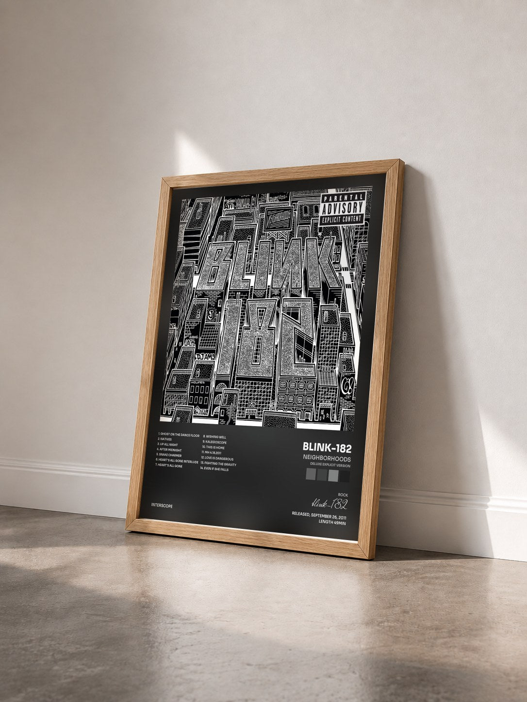 #bois Tableau de l'album Neighborhoods (Deluxe Explicit Version) de blink-182 vu de trois quarts, cadre en bois brut