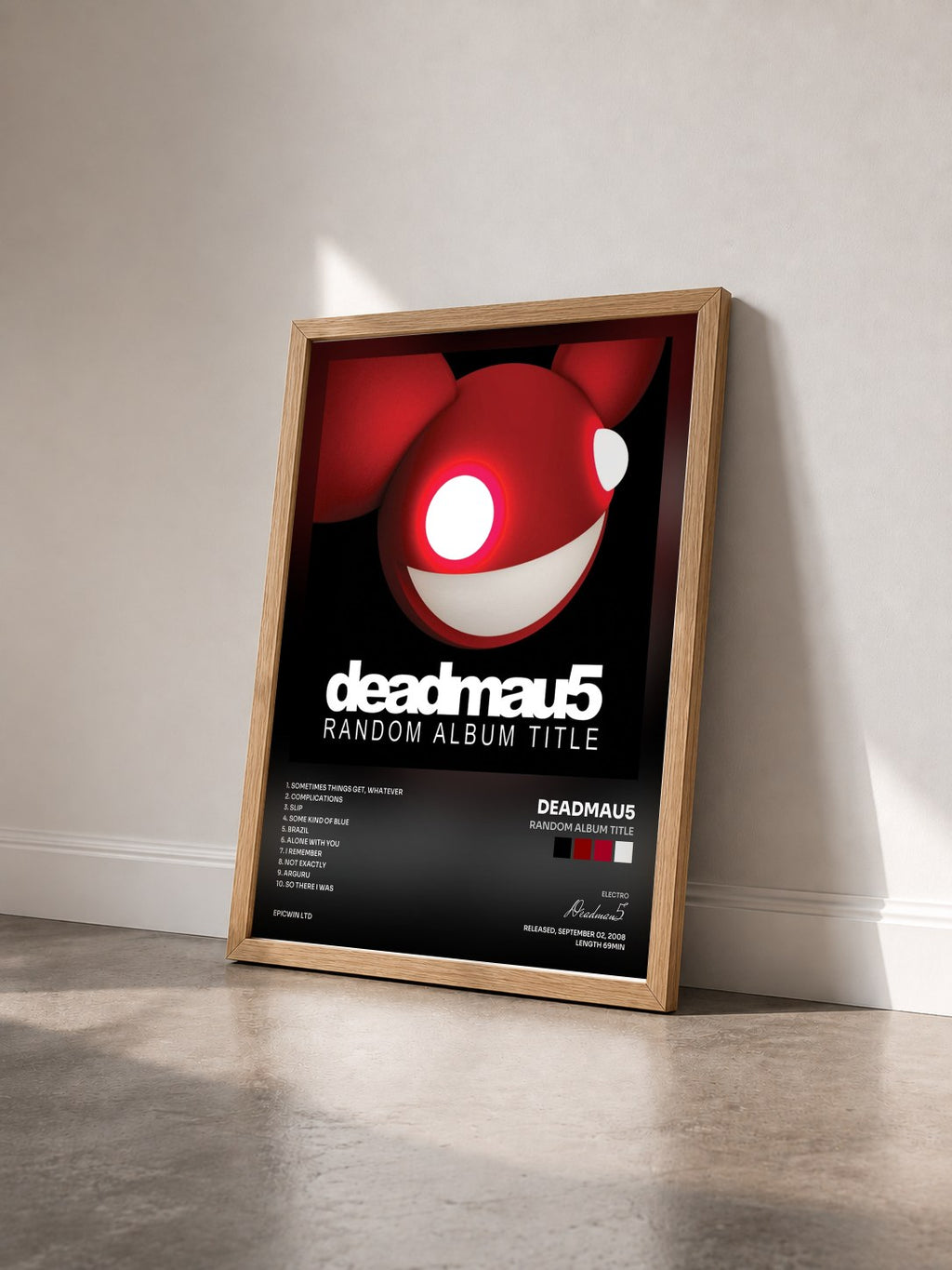 #bois Tableau de l'album Random Album Title de Deadmau5 vu de trois quarts, cadre en bois brut