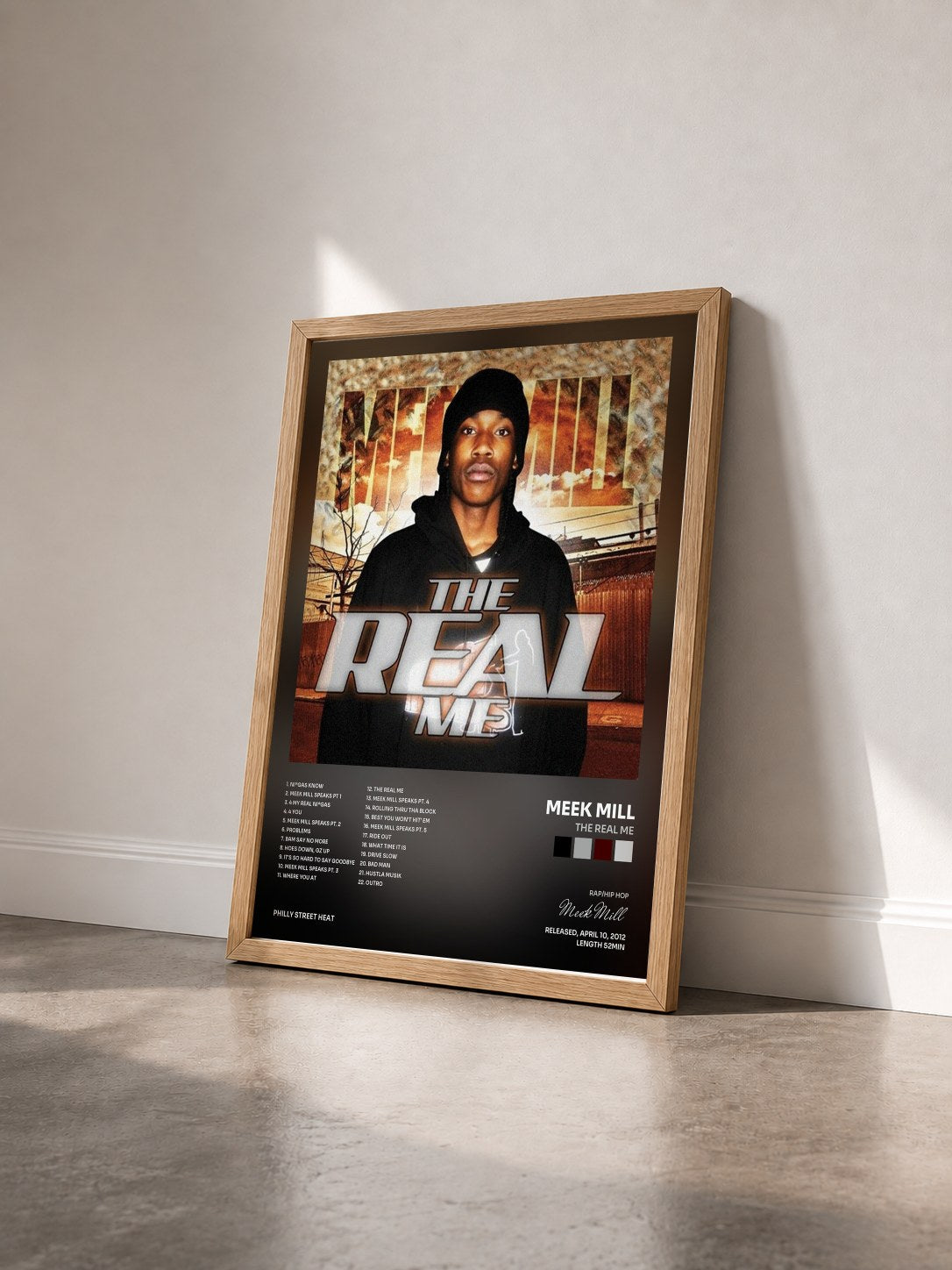 #bois Tableau de l'album The Real Me de Meek Mill vu de trois quarts, cadre en bois brut