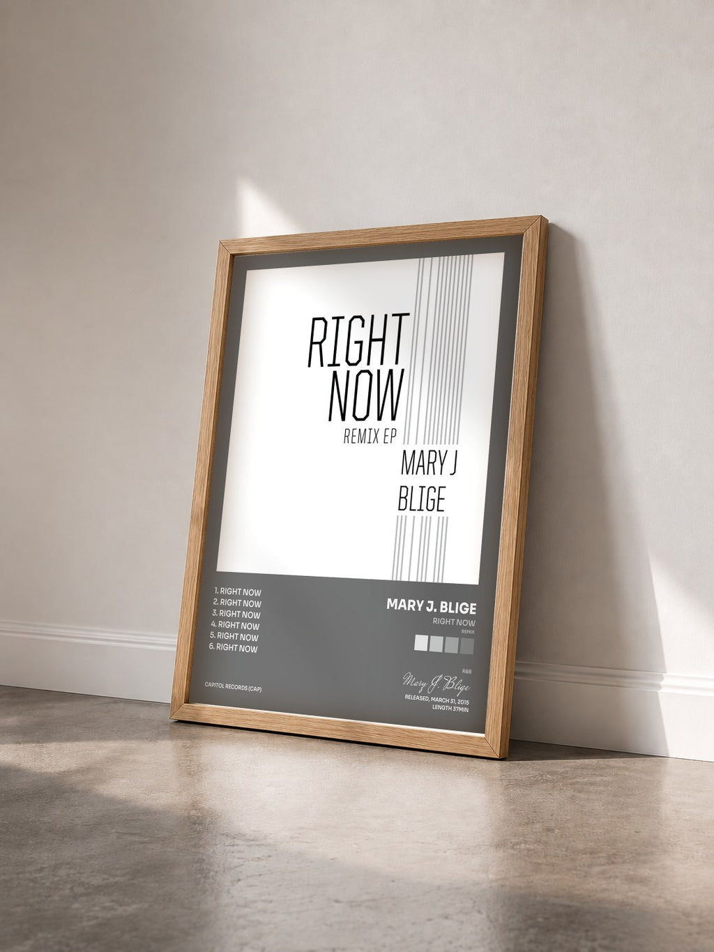 #bois Tableau de l'album Right Now (Remix) de Mary J. Blige vu de trois quarts, cadre en bois brut