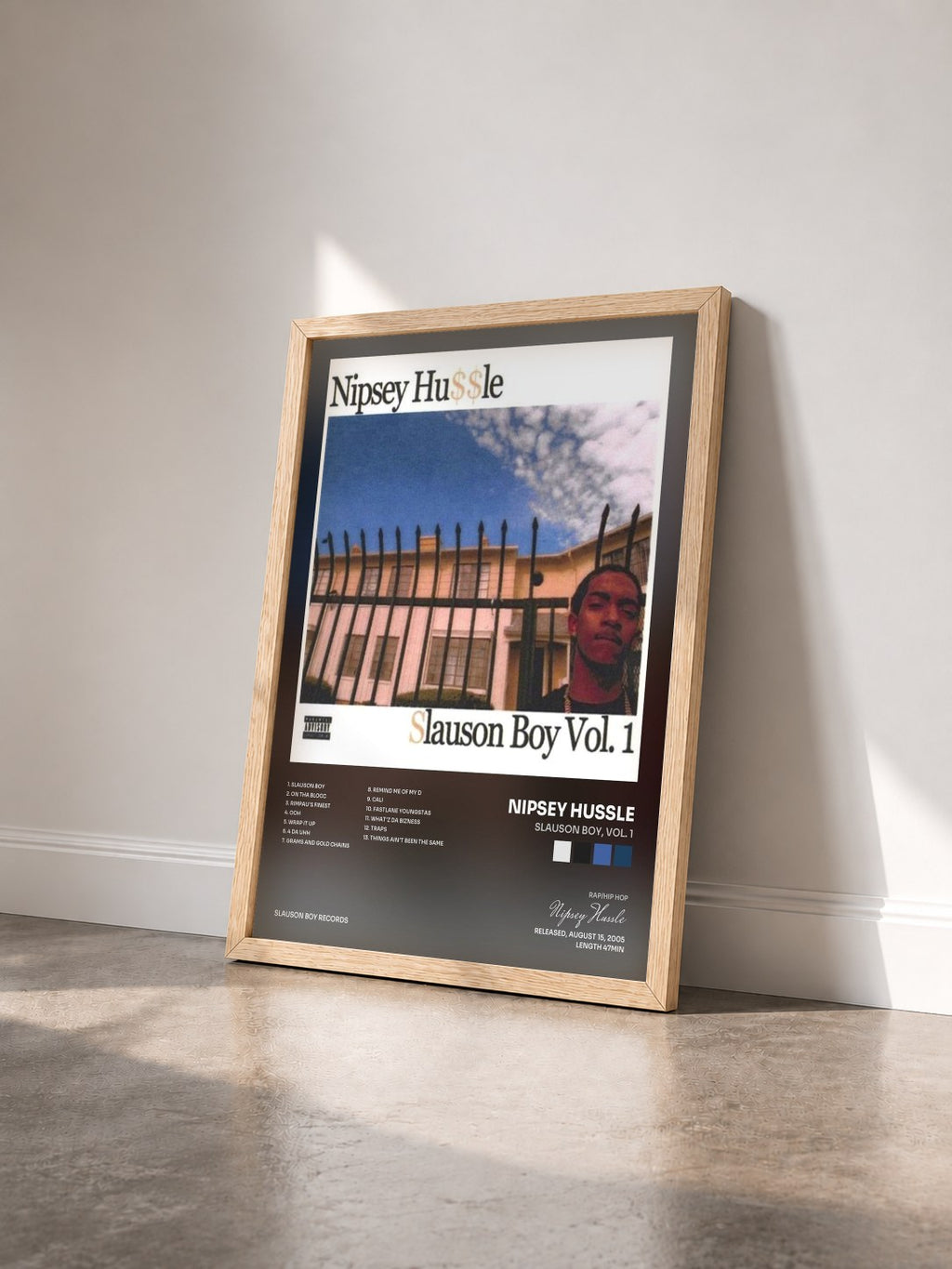 #bois Tableau de l'album Slauson Boy, Vol. 1 de Nipsey Hussle vu de trois quarts, cadre en bois brut