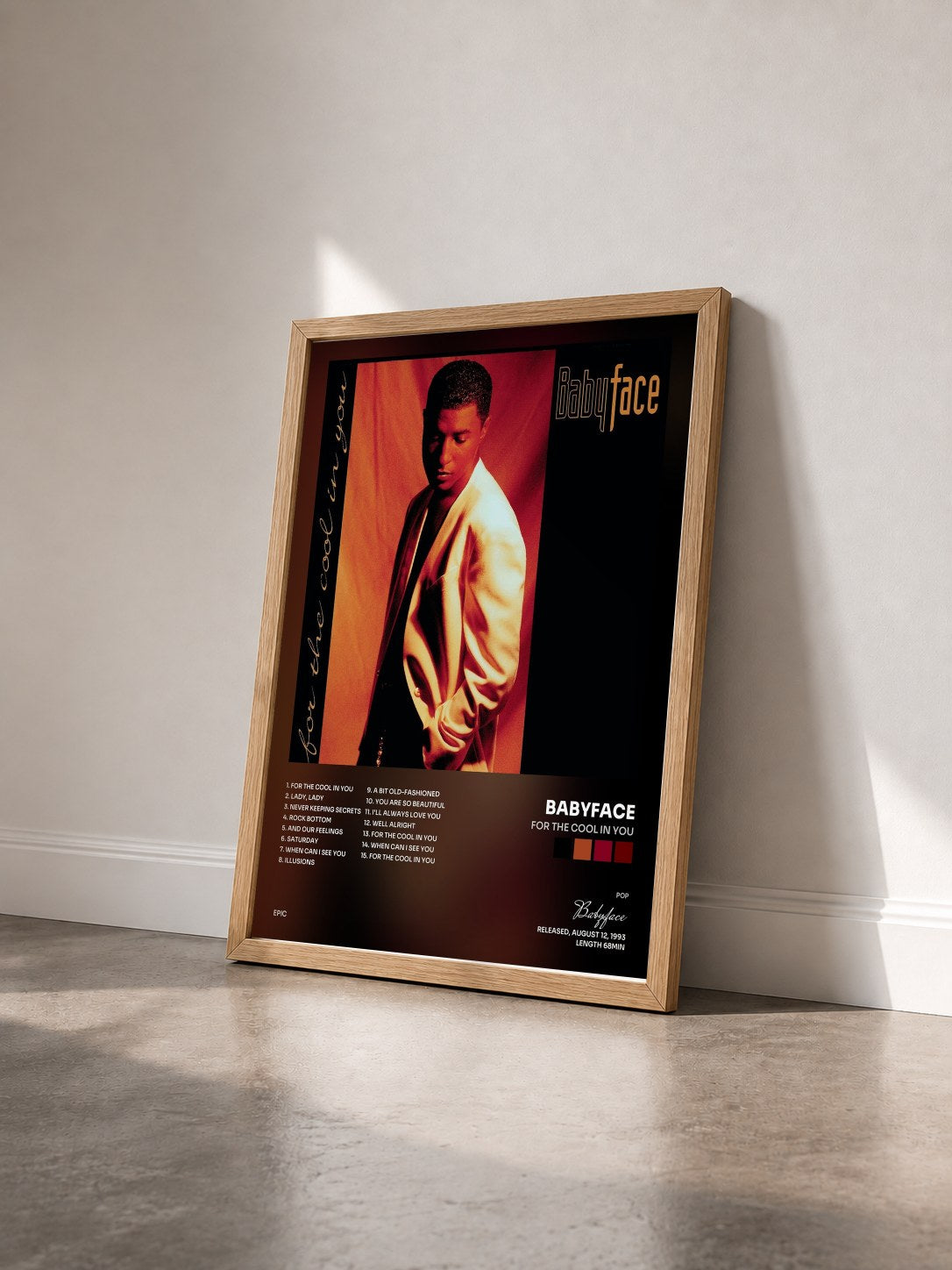 #bois Tableau de l'album For The Cool In You de Babyface vu de trois quarts, cadre en bois brut