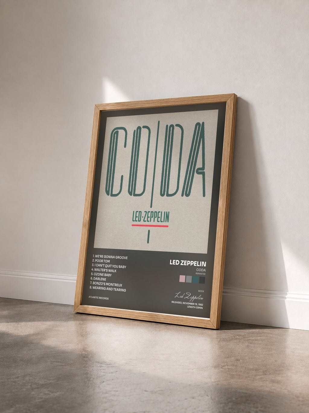 #bois Tableau de l'album Coda (Remaster) de Led Zeppelin vu de trois quarts, cadre en bois brut