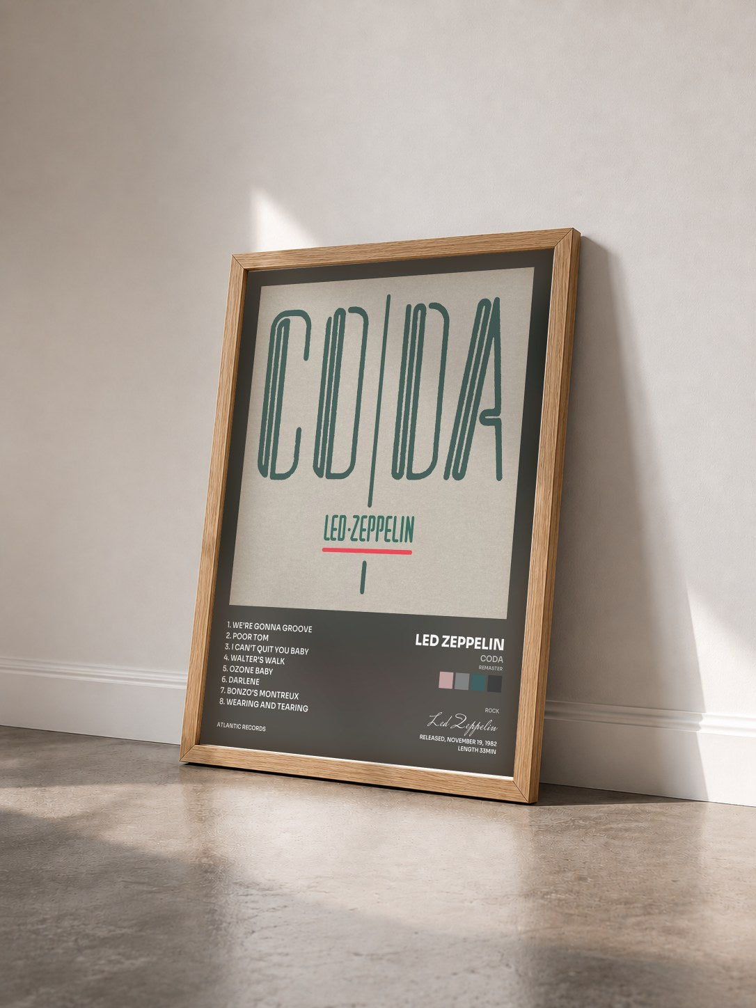 #bois Tableau de l'album Coda (Remaster) de Led Zeppelin vu de trois quarts, cadre en bois brut